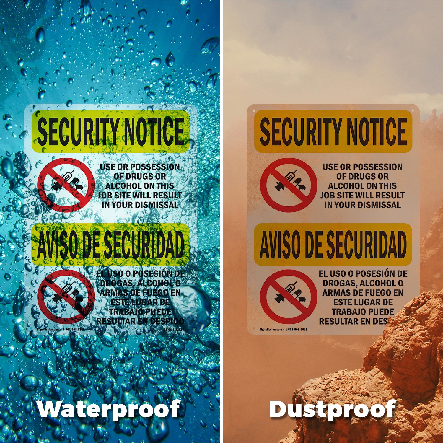 Drugs Or Alcohol Dismiss Bilingual OSHA Security Notice Sign, Decal 5 or 10 Pack