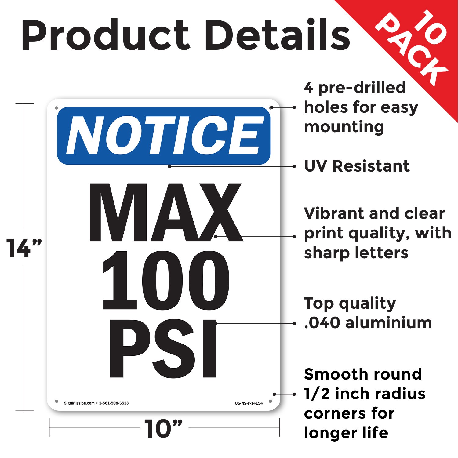 Max 100 PSI OSHA Notice Sign Metal, Plastic, Or Decal – 5 or 10 Pack
