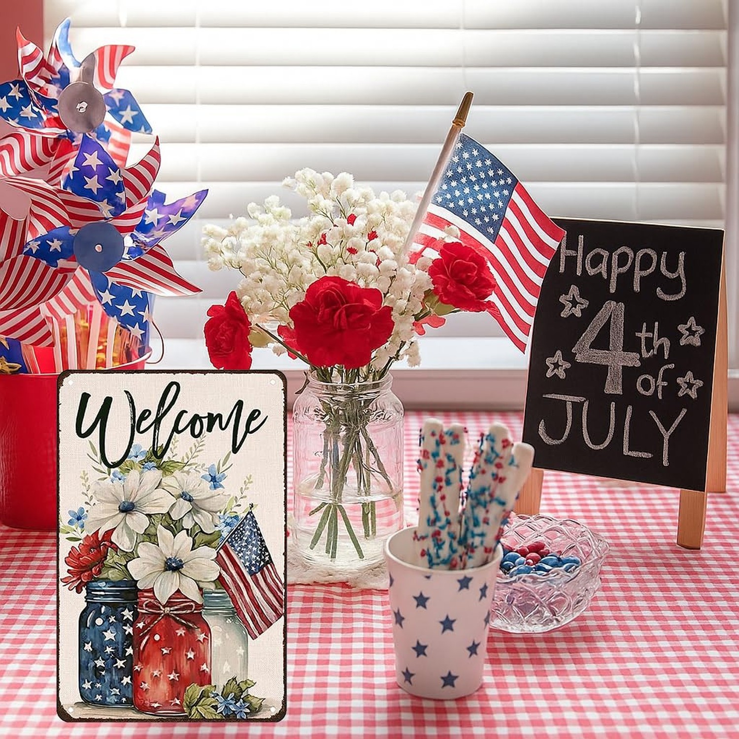 Smilelife Patriotic Floral Mason Jar USA Flag Welcome Tin Sign for Home Bedro…