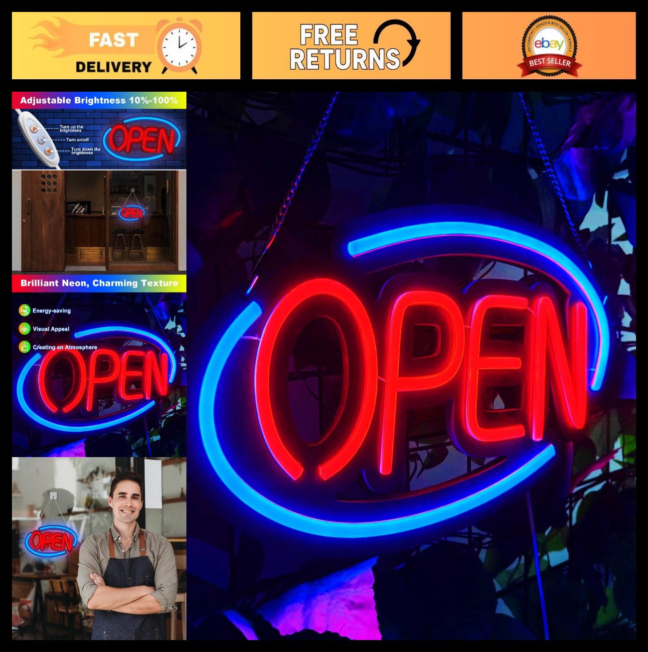 Bright Dimmable Neon Open Sign LED Light for Business, Store, Bar – 14.17″x7.87