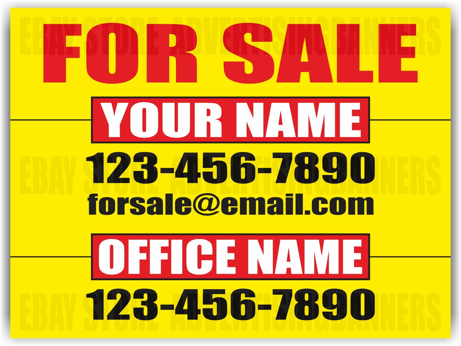 FOR SALE Yard Sign with H-Stakes Rental Custom Number email Address Office Name