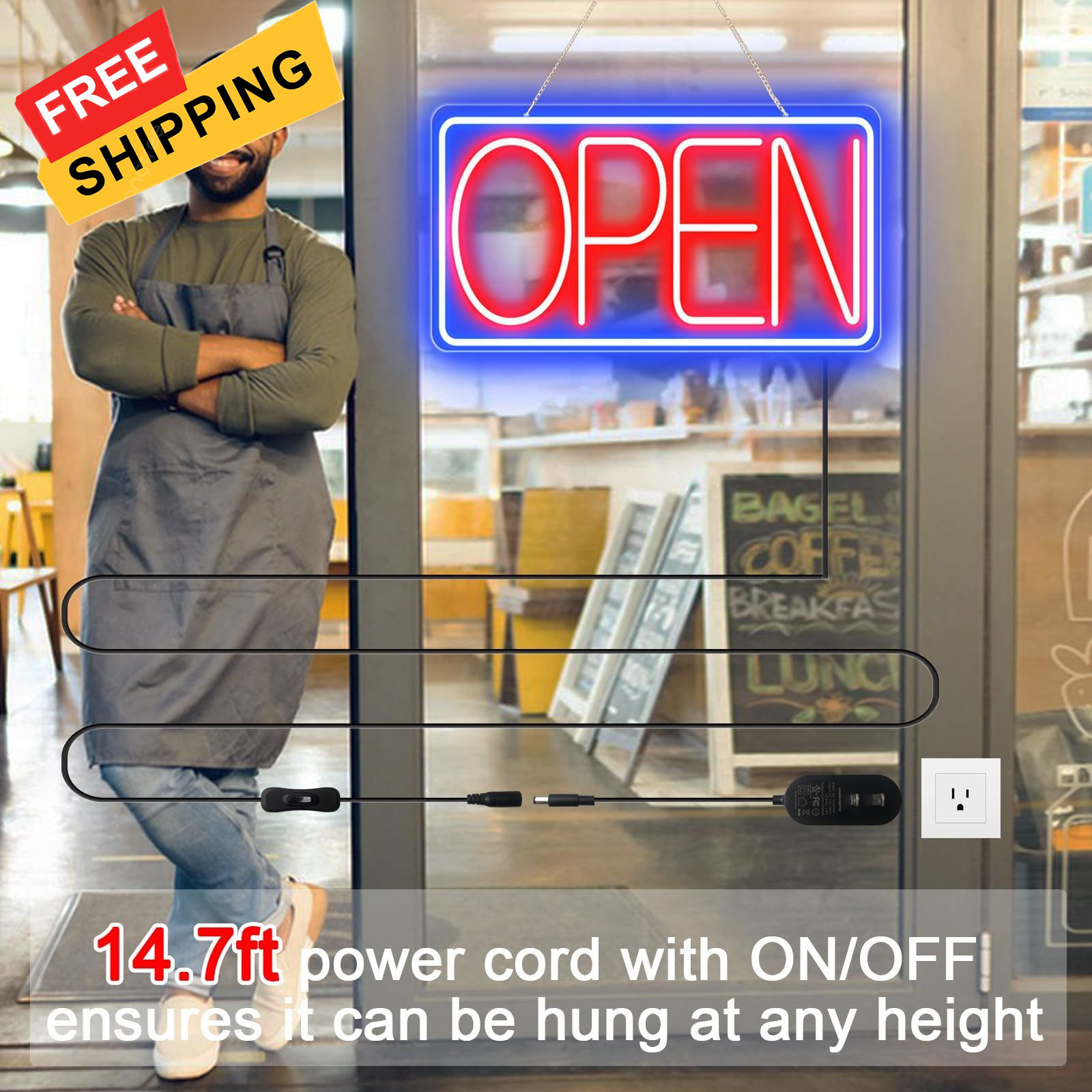 16.5″ X 9″ Led Neon Open 16.5×9 inch with AC Adapter, Blue/Red-Horizontal
