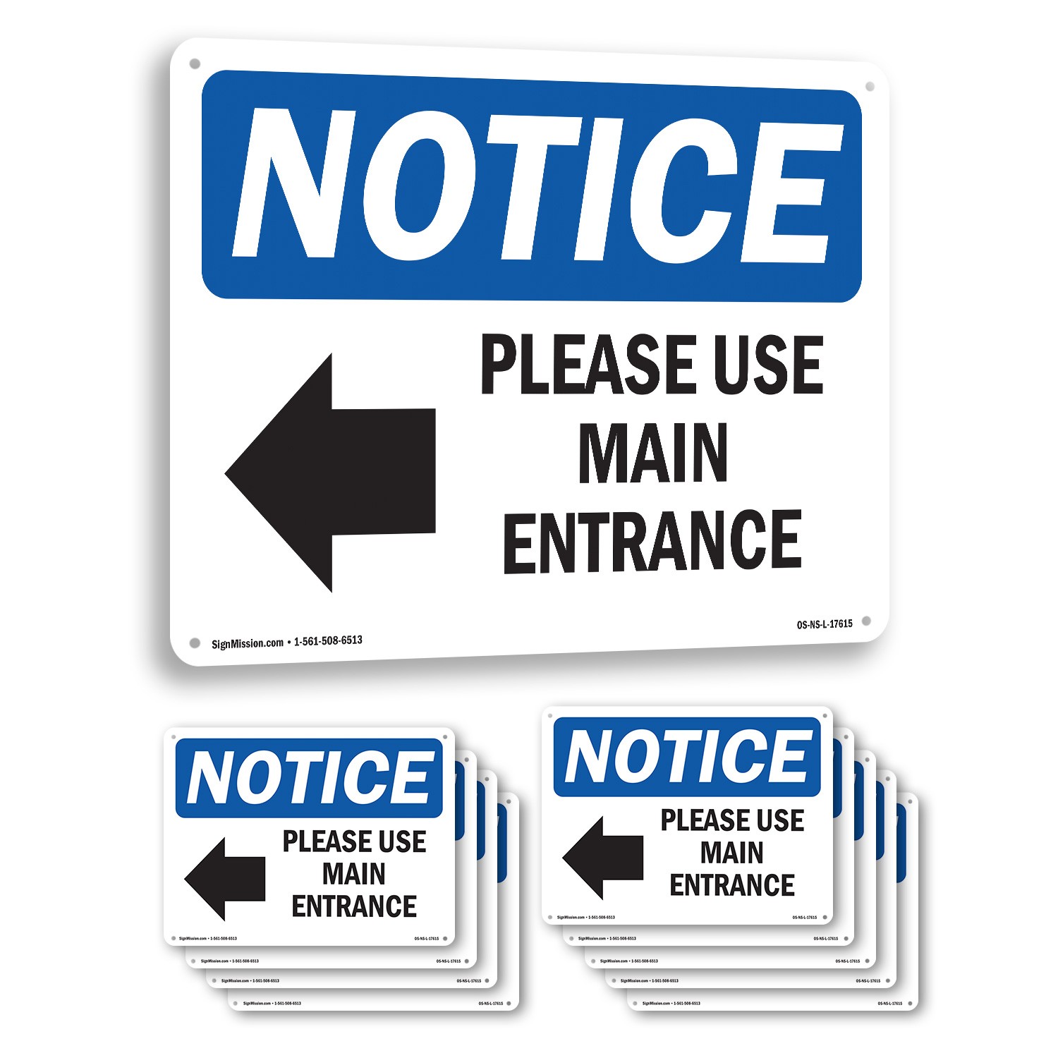 Please Use Main Entrance [Left Arrow] OSHA Notice Sign Or Decal – 5 or 10 Pack