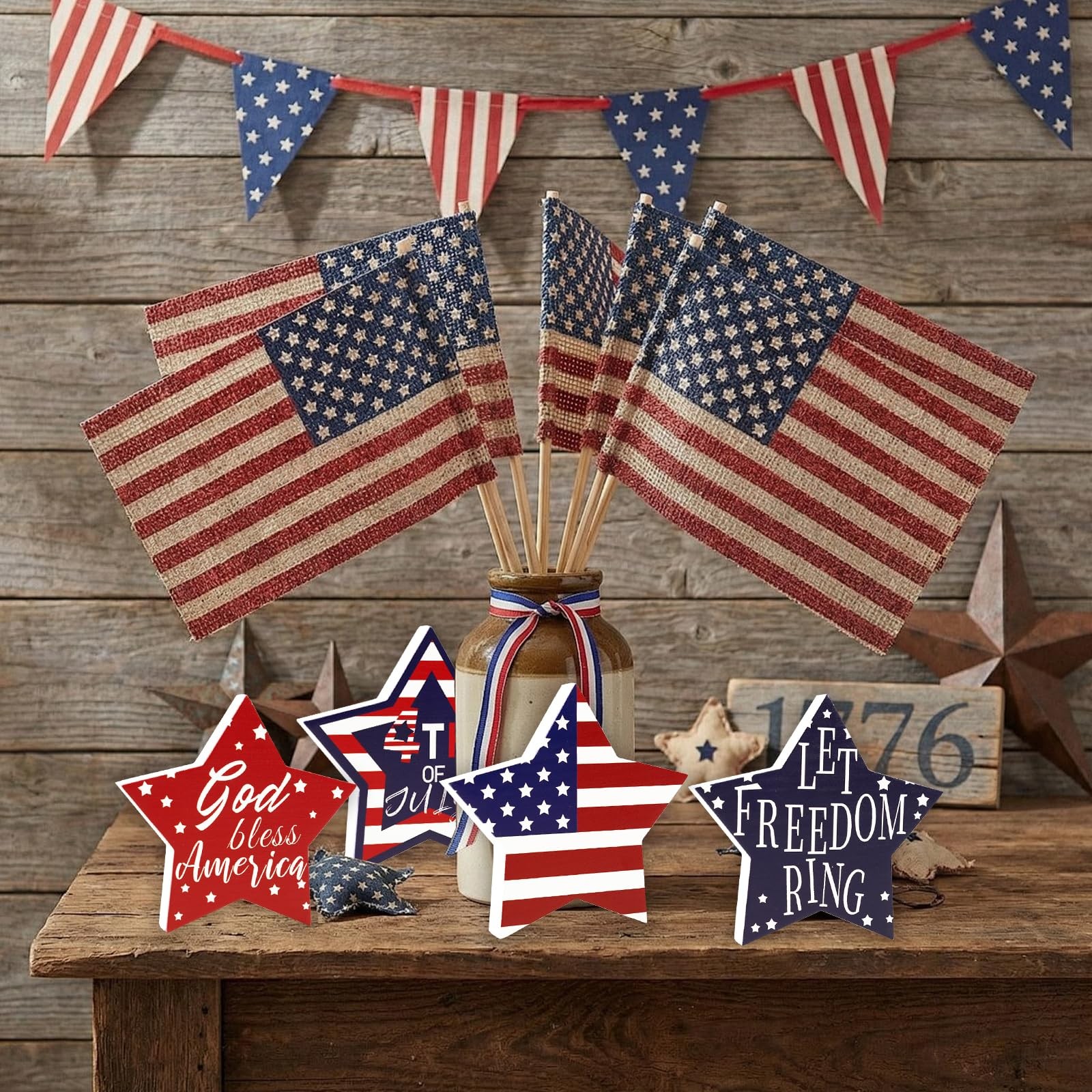 4th of July Decorations, 4 Pcs Wooden Star Signs Patriotic Wood Star Standing…
