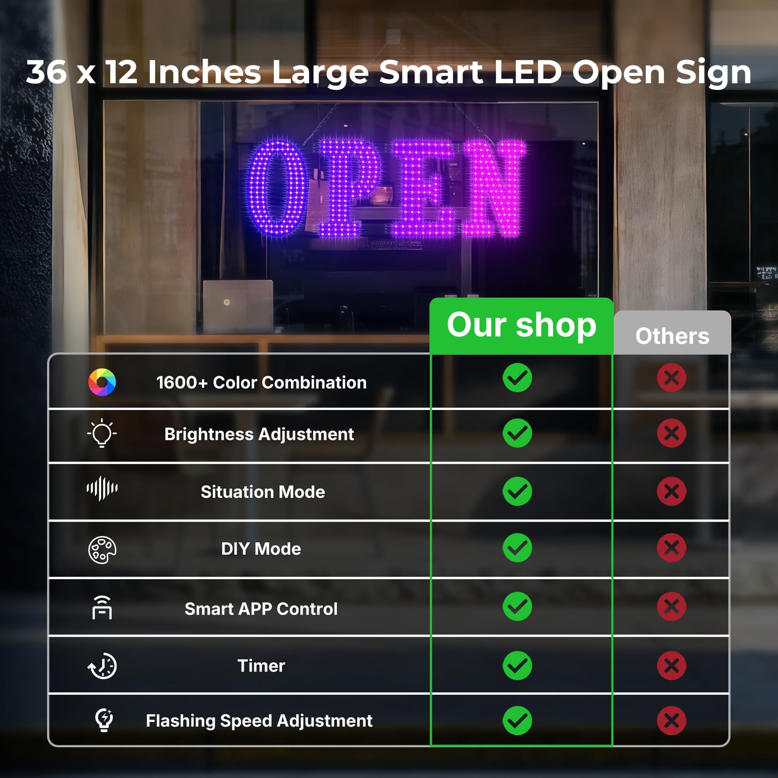 Lemonrole 36X12 Led Open Sign For App Control Timer Custom Visibility For