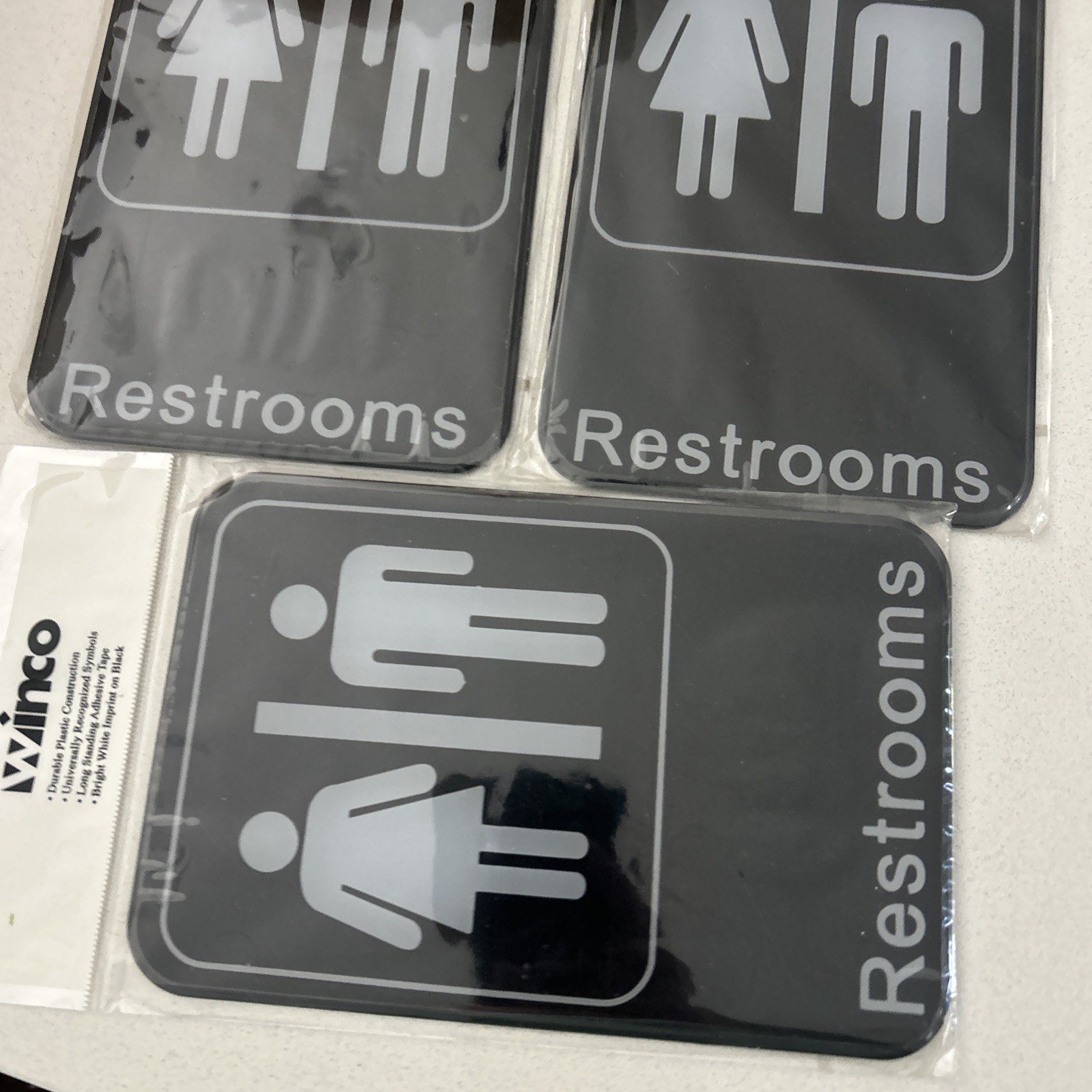 3 Winco Unisex Male, Female Restroom sign Black Plastic Adhesive