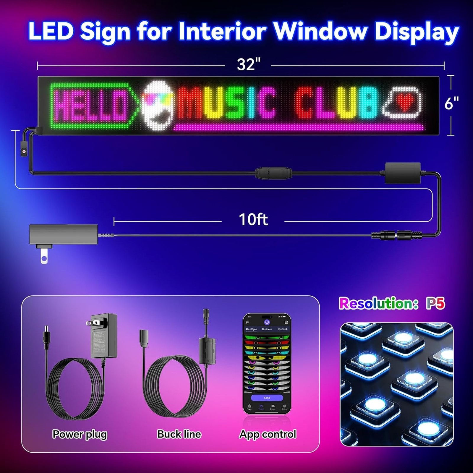 Large Programmable LED Sign, P5 Indoor Store Display Bluetooth App Compatible