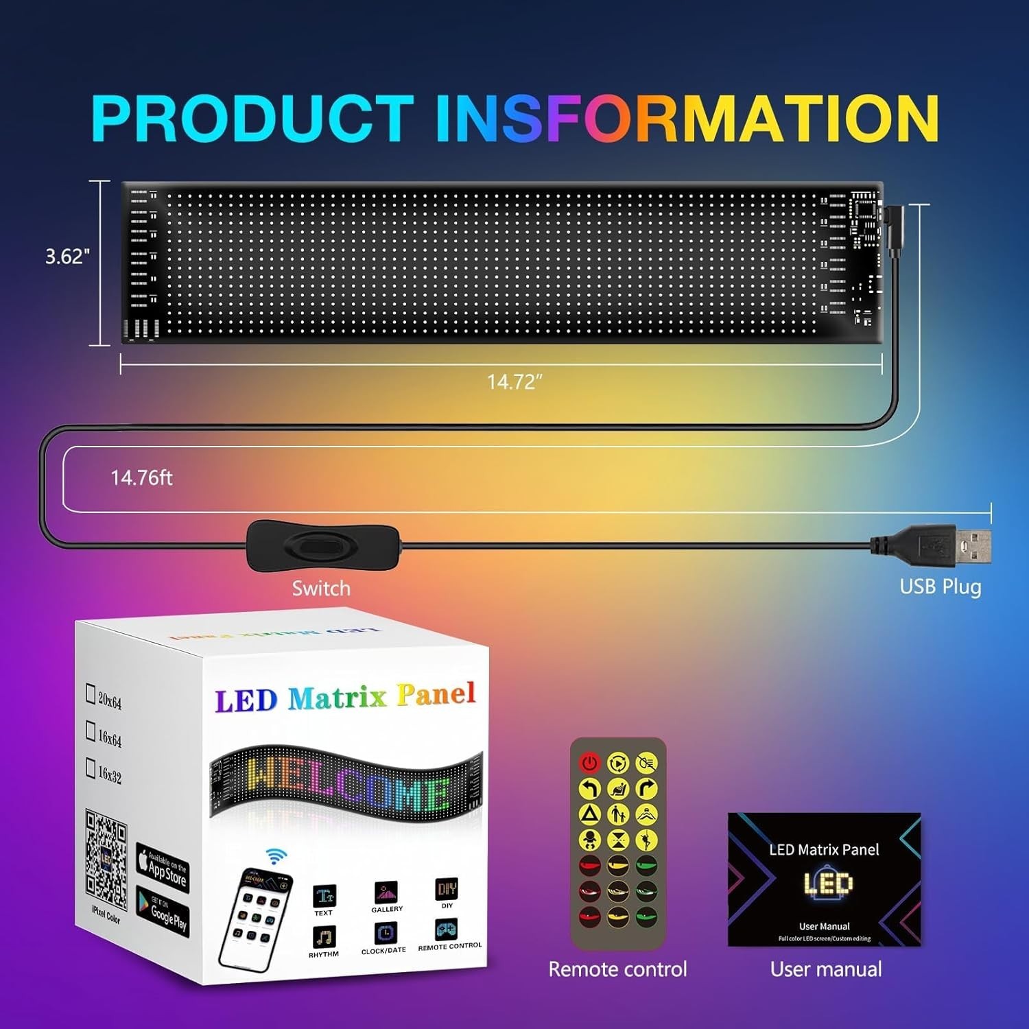 Stylish Programmable LED Sign with Bluetooth Control – Flexible RGB Panel 15″x4″