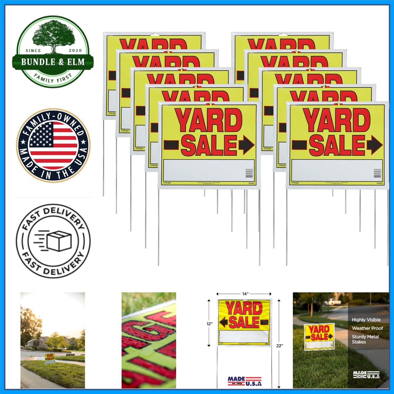 Fully Assembled Garage Sale Signs, 22×14 Inches, Metal U-Stakes Included