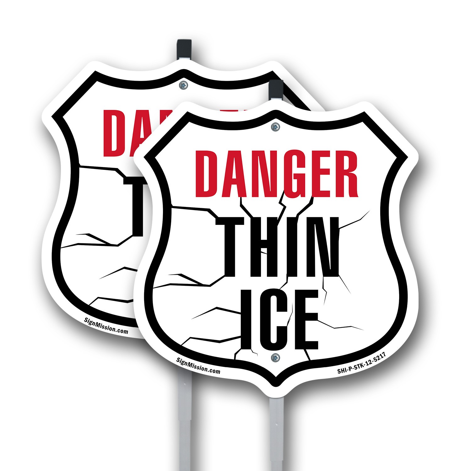 Danger Thin Ice Shield Shaped Sign With Stake Crafted in the USA