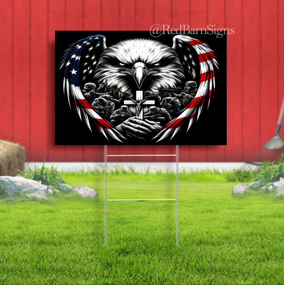Patriotic Eagle & American Flag yard sign with metal stakes