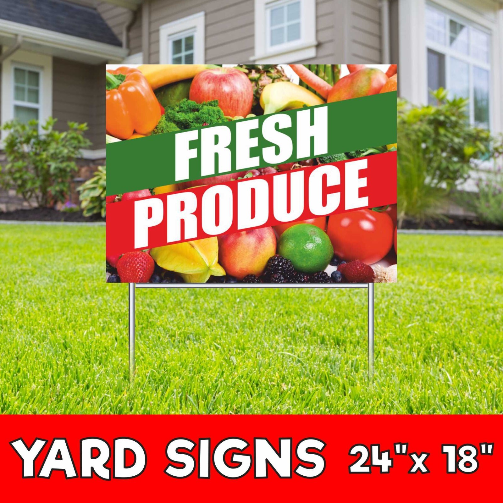 FRESH PRODUCE Yard Sign Corrugate Plastic with H-Stakes farm vegetables fruits