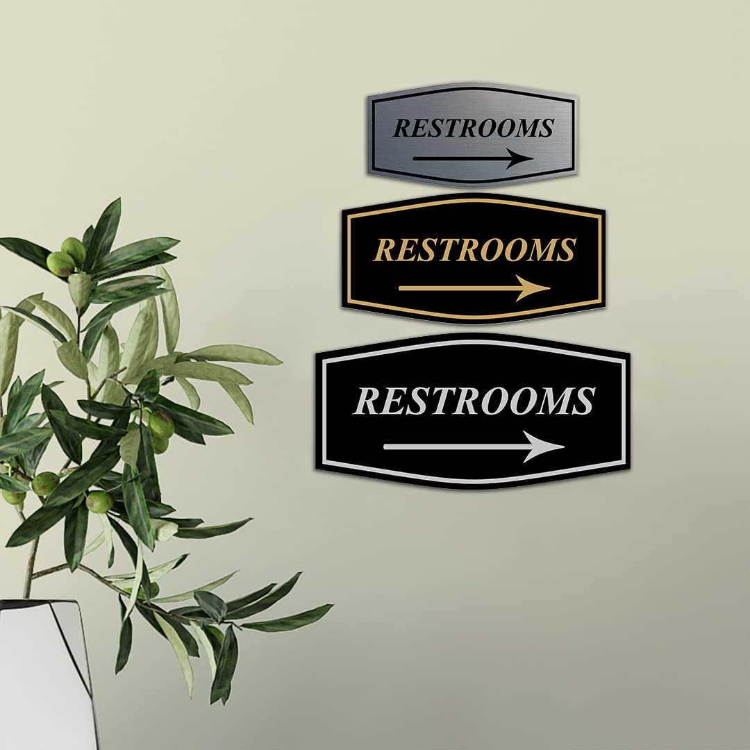 Restrooms Fancy Sign with Right Arrow Large Black Plate with Adhesive Back