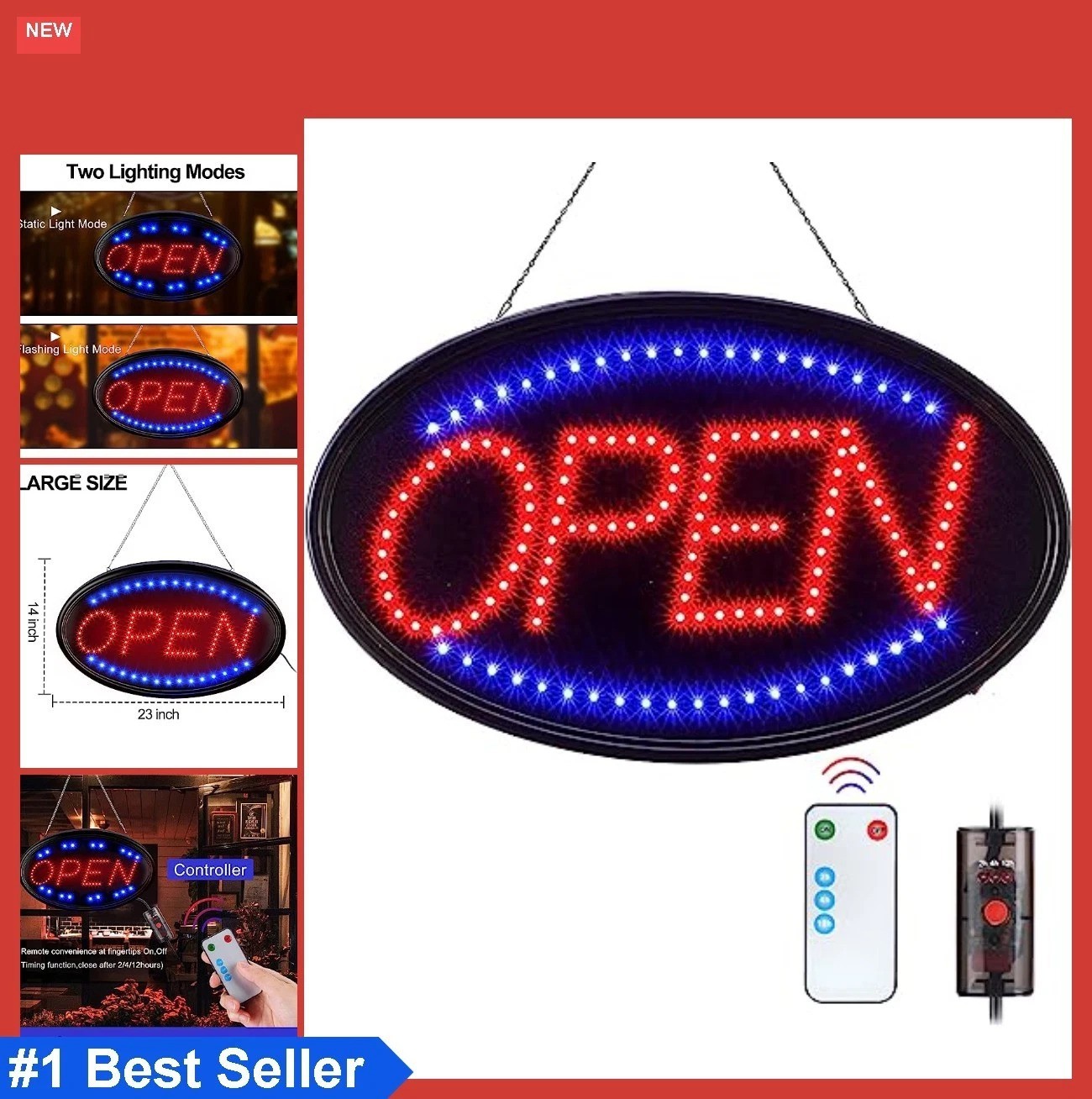 LED Open Sign 23×14 Inch Remote Timer Flash Steady Modes Plug In Window Wall