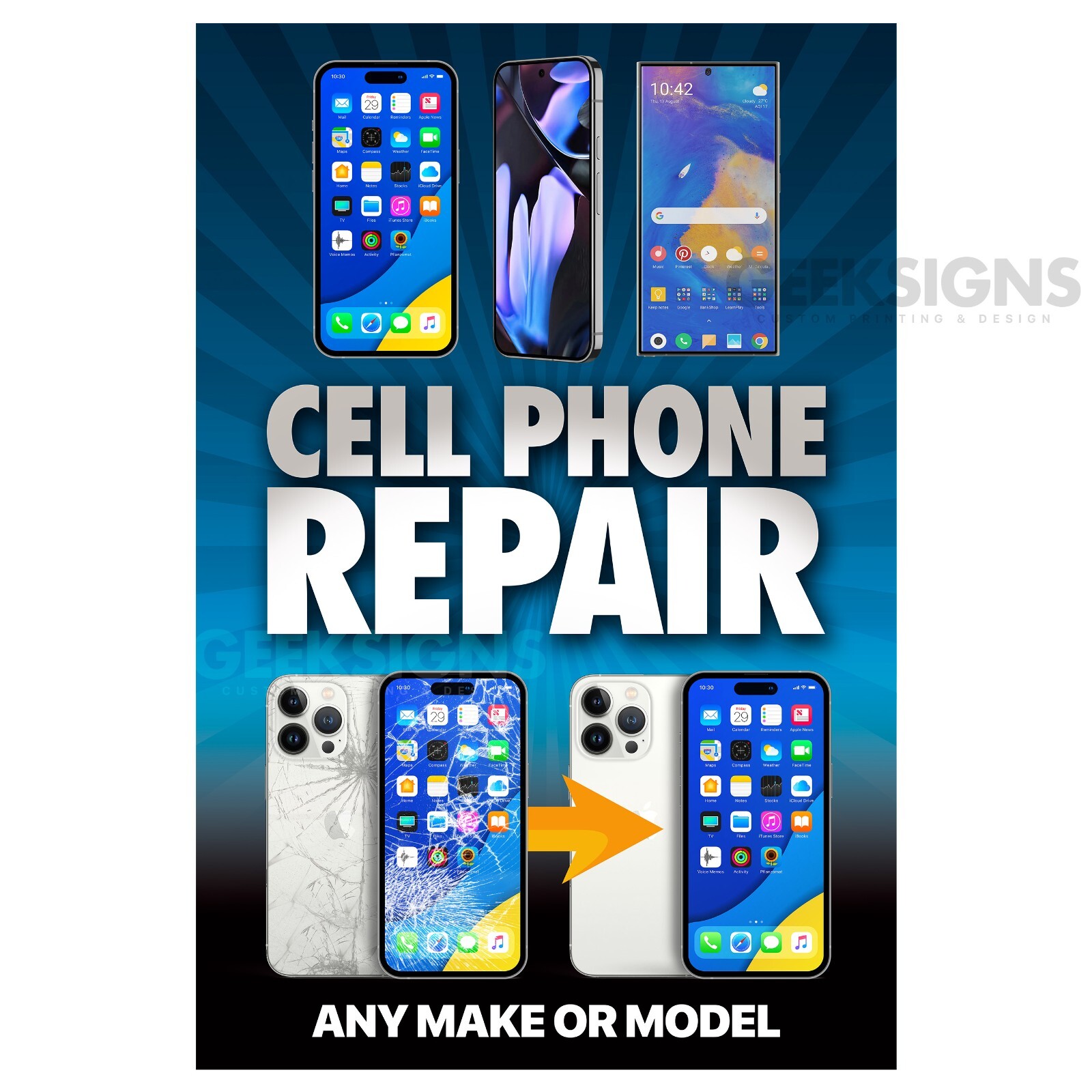 Cell Phone Repair Single Poster Sign Banner – Apple iOS Samsung Galaxy