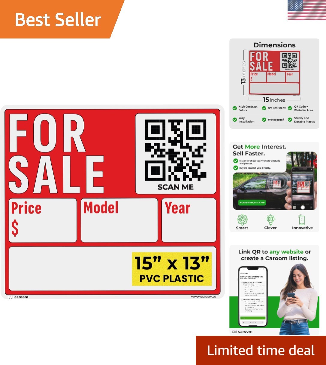 Attention-Grabbing 15×13 For Sale Sign with QR Code for All Vehicles – 1-Pack