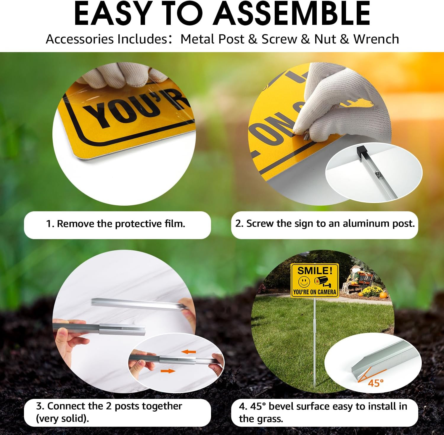 Smile Your on Camera Signs with 36″ Stake for Outside, 2-Pack 14″X10″ Rust Free