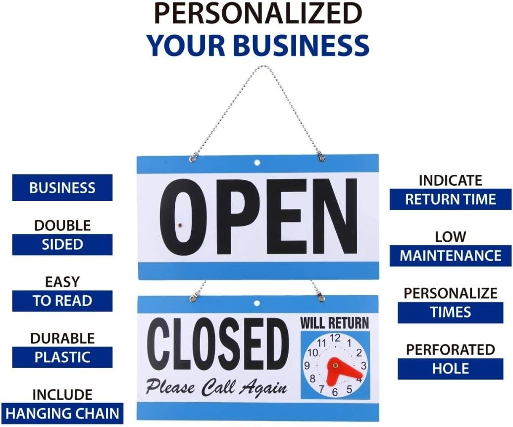Open Signs Business Bundle: Customizable Hours, Will Return Clock, Suction Cups