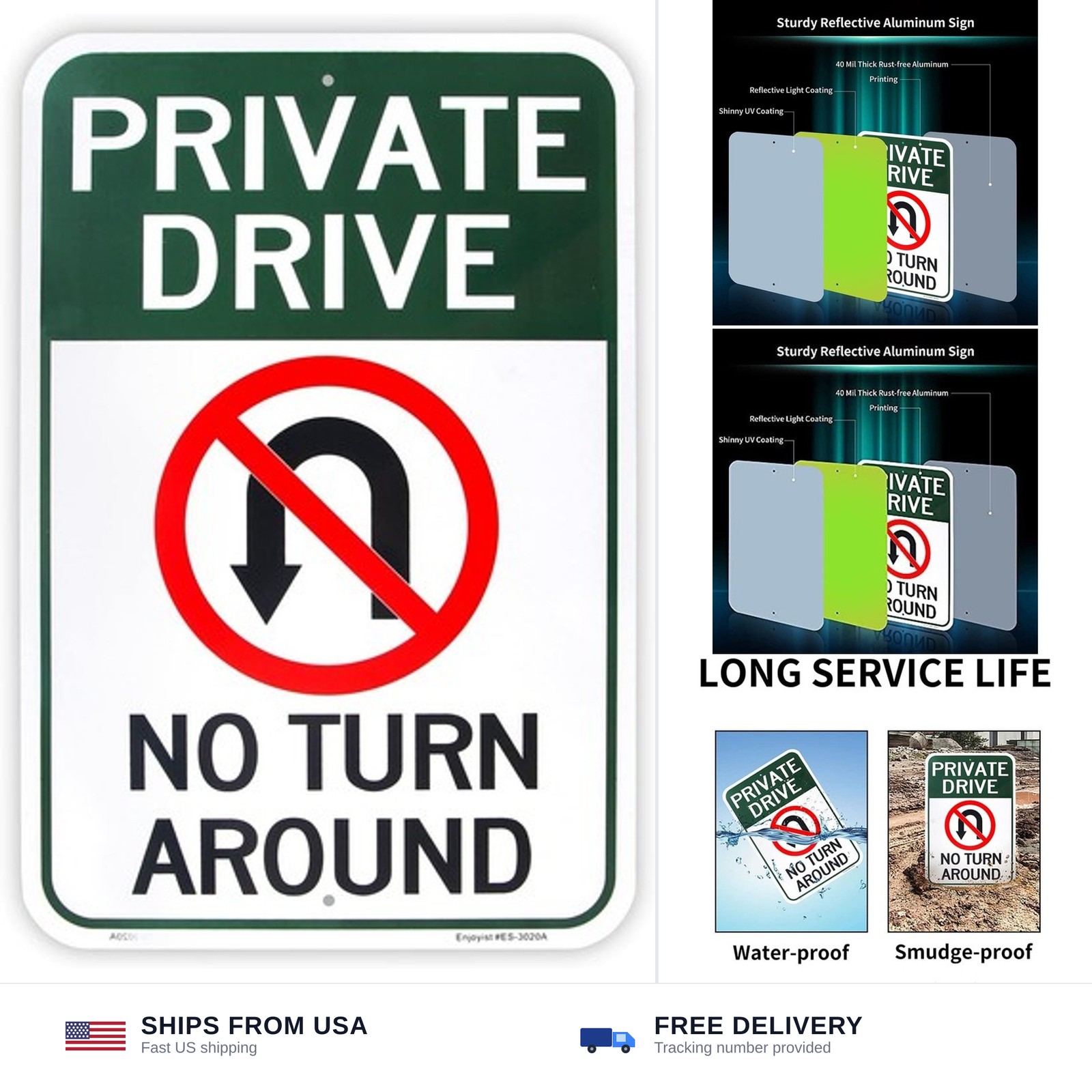 Large Private Drive, No Turn Around Sign, 18″x 12″ .04″ Aluminum Reflective S…