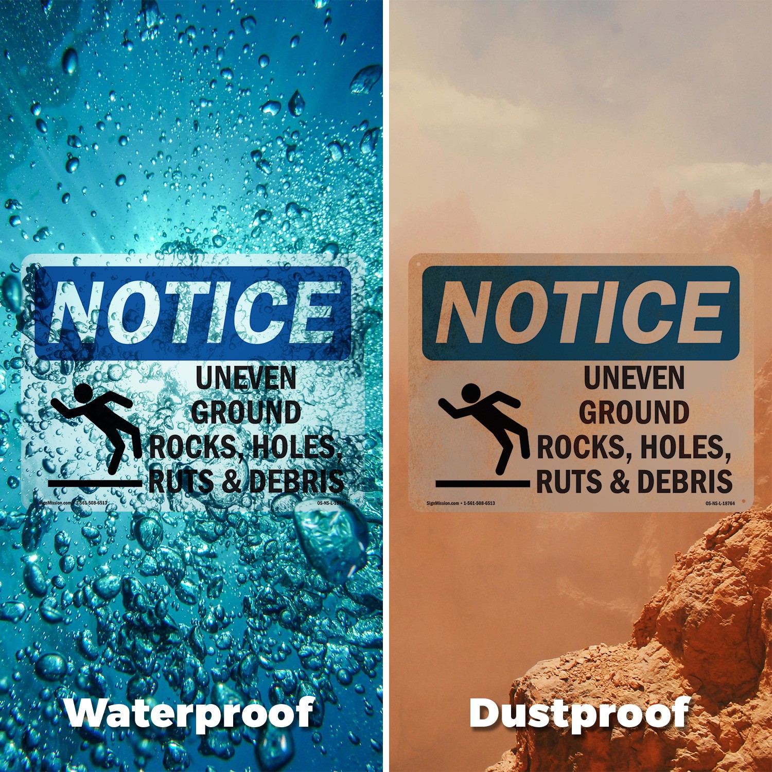Uneven Ground Rocks Holes OSHA Notice Sign Metal Plastic Or Decal – 5 or 10 Pack