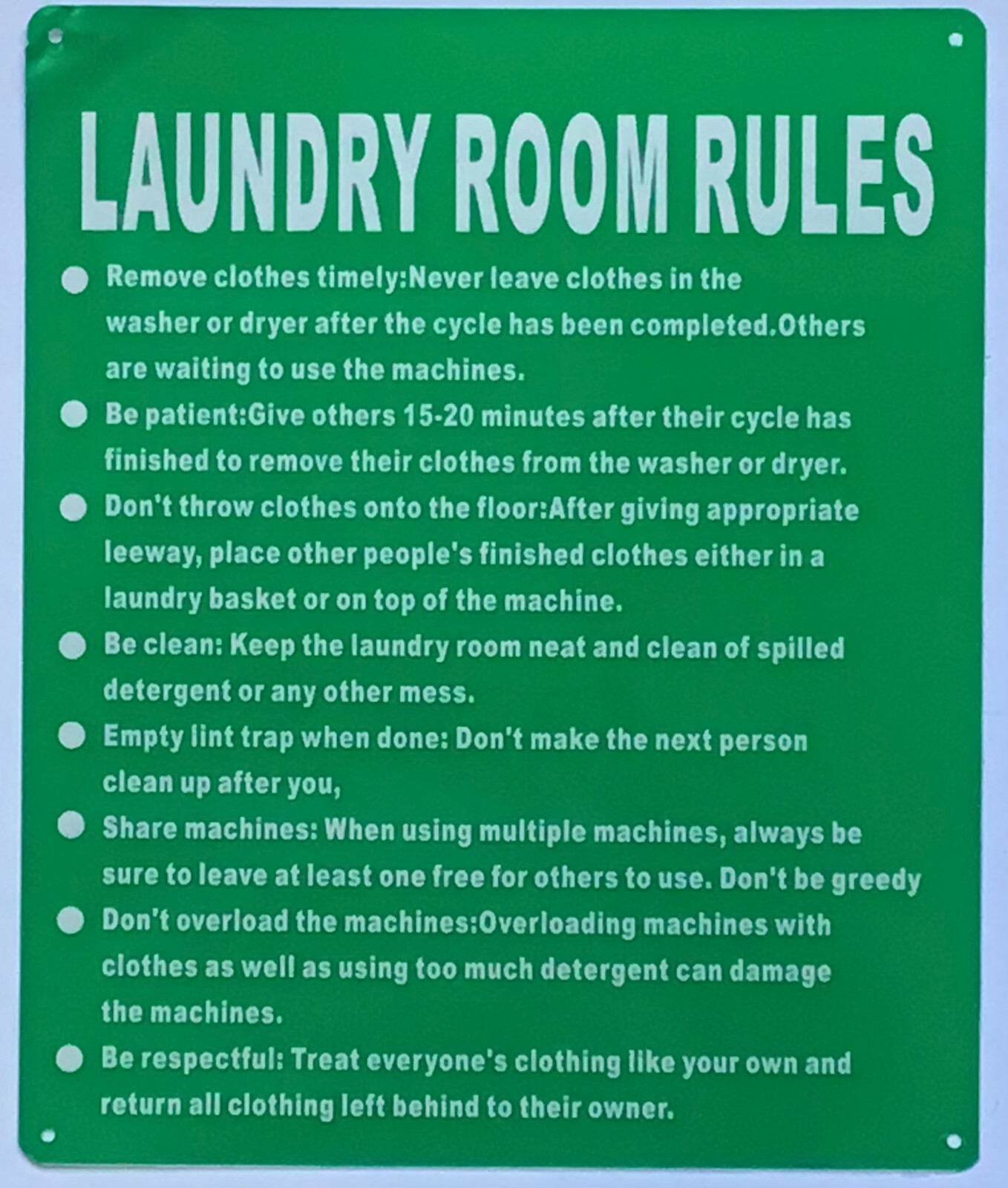 LAUNDRY ROOM RULES SIGN (10X12, Green, Aluminum)