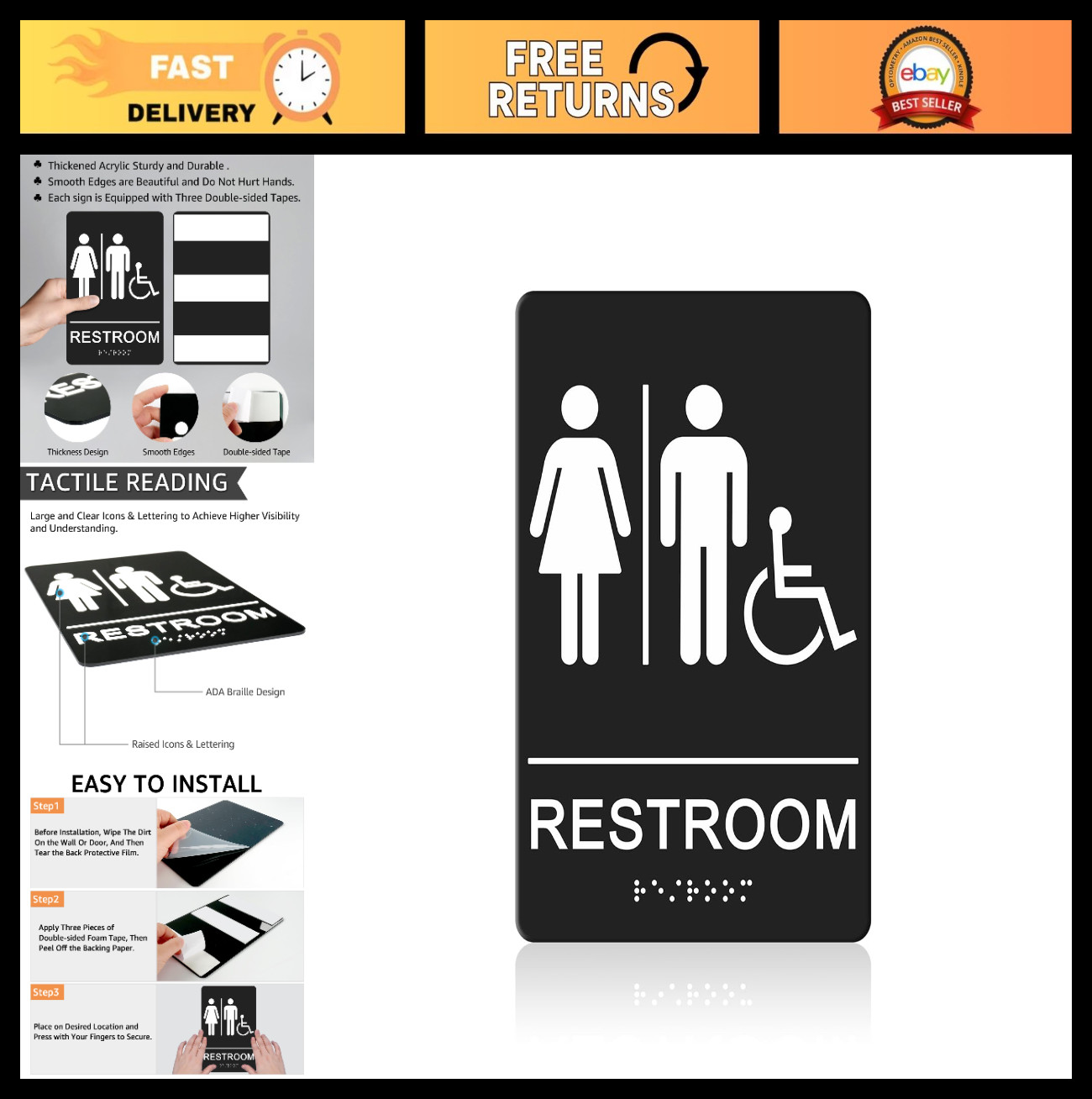 Unisex ADA Braille Bathroom Signs 9×6″ – Self-Adhesive Restroom Wall Decor for O