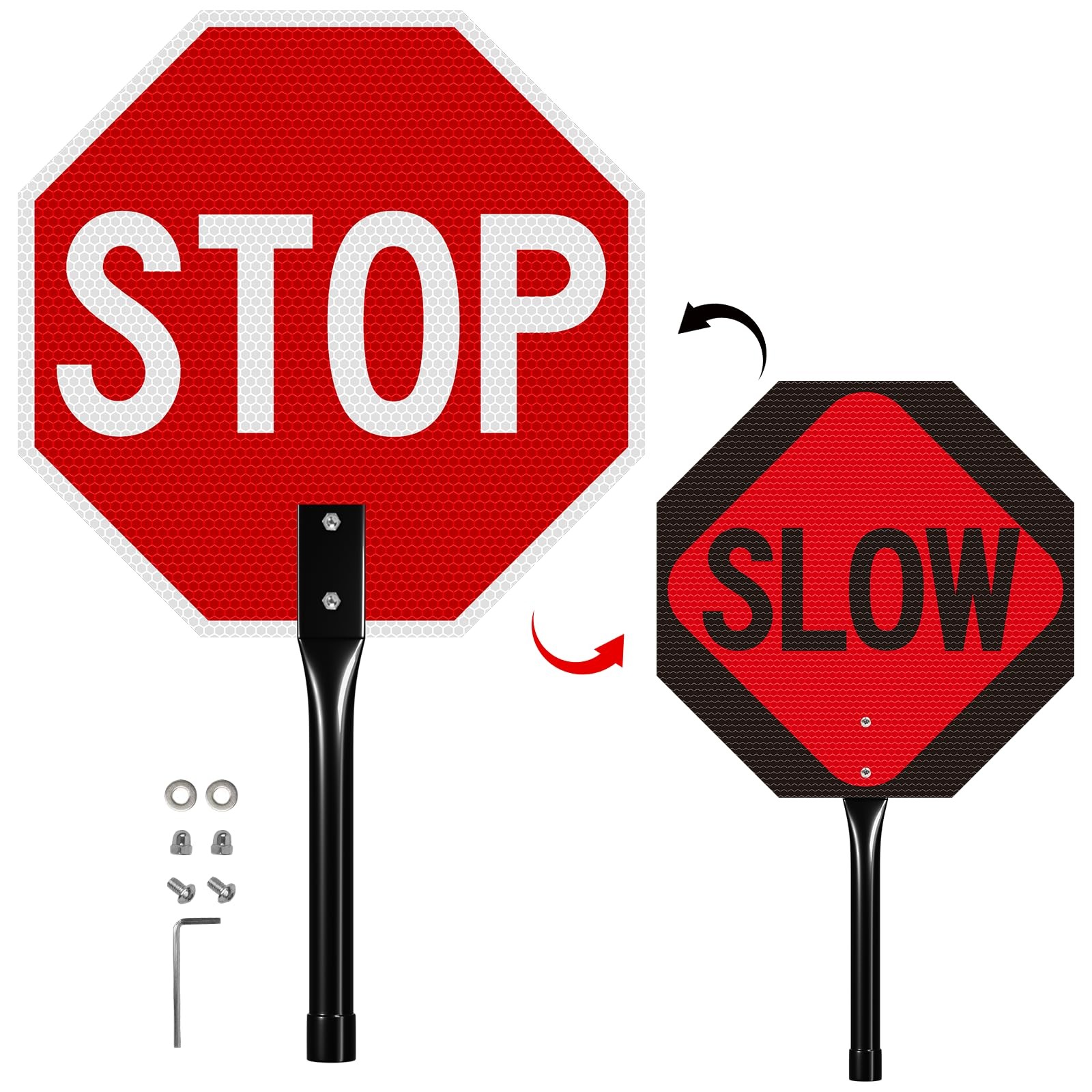 13×13 Inch Double Sided Stop/Slow Traffic Sign Aluminum Reflective With Handle