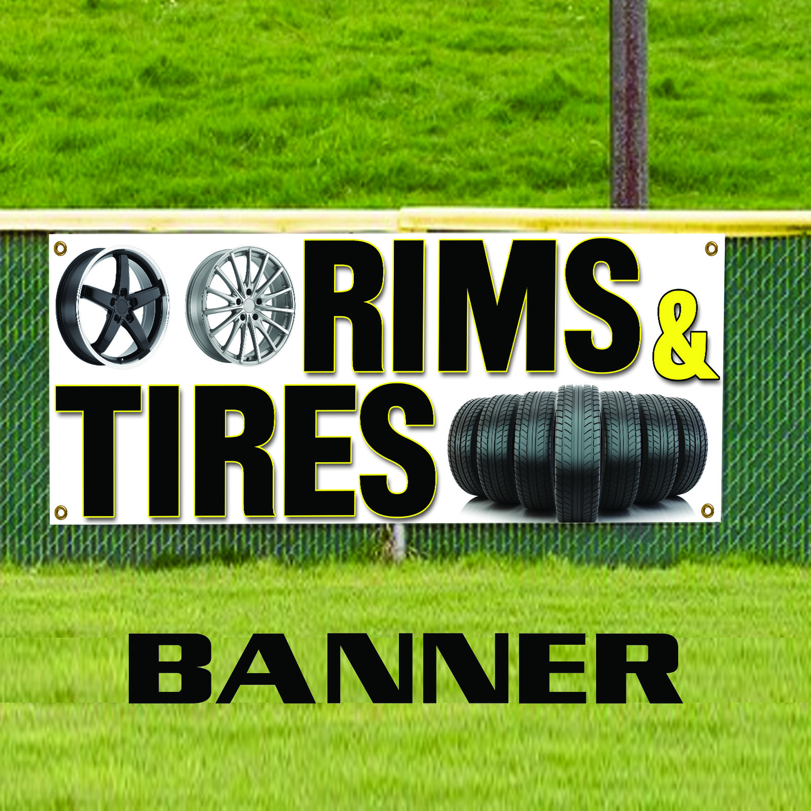 Rims And Tires Sale Banner Garage, Workshop, Auto Parts Shop Vinyl Banner Sign