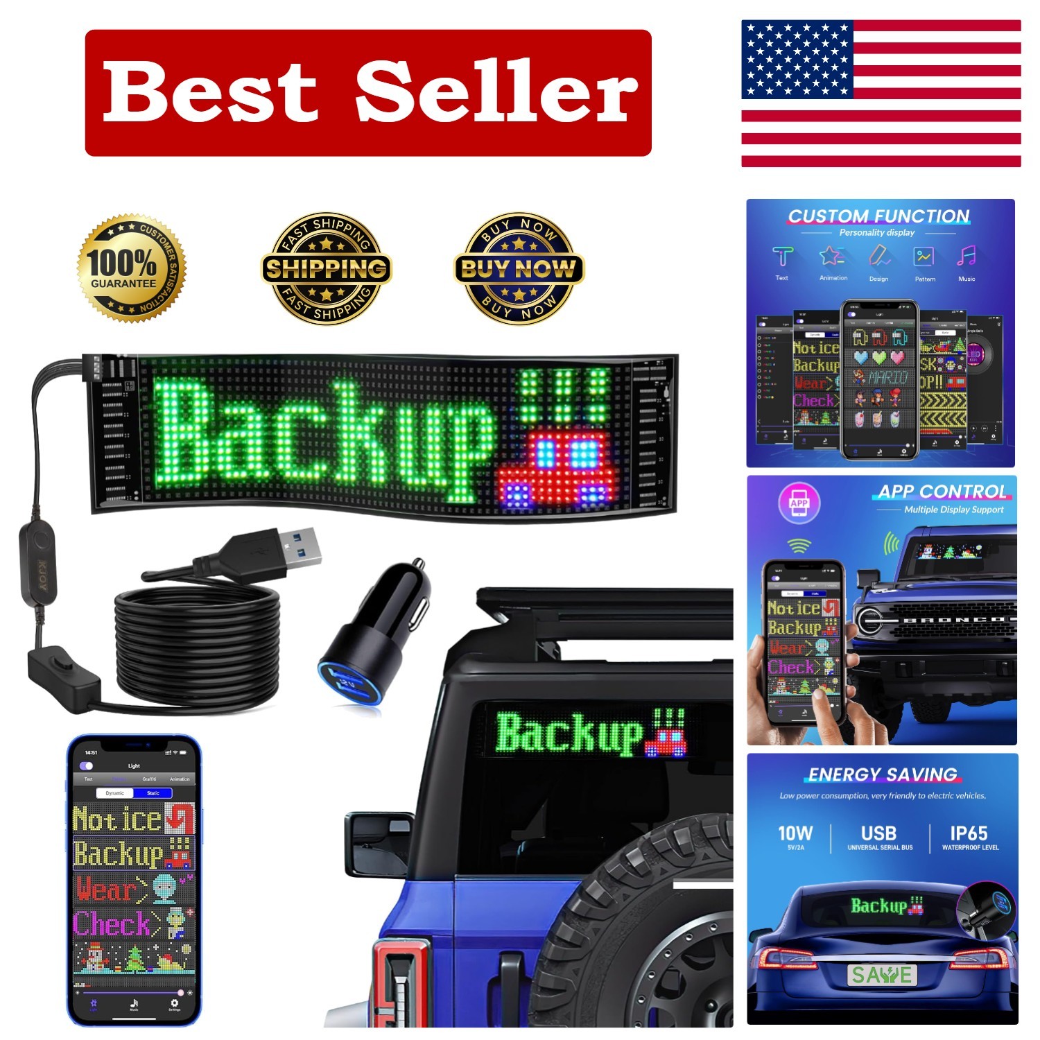 Programmable 15”x4” LED Sign with App Control – Perfect for Cars, Bars, Events