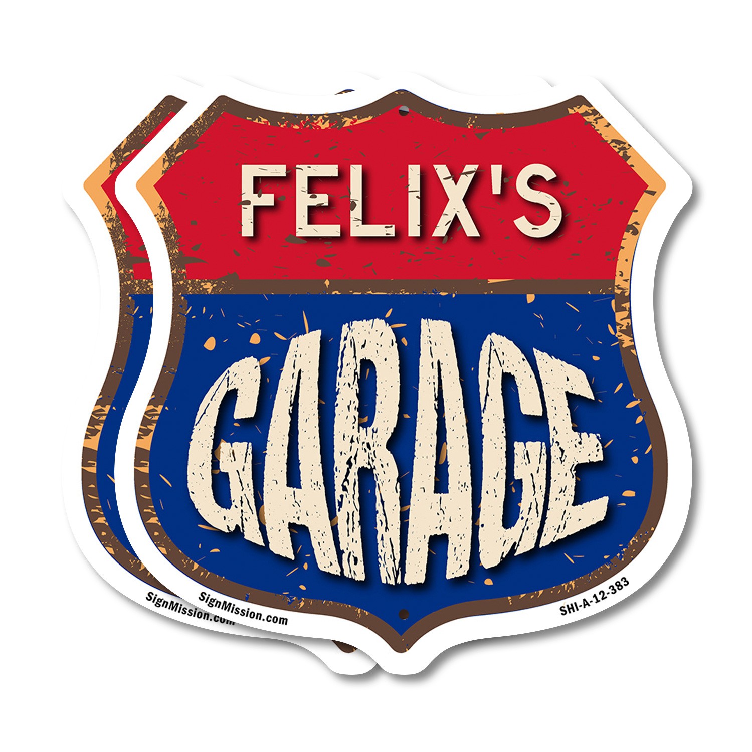 Felix’s Garage Shield Shaped Sign Weather Resistant Crafted in the USA