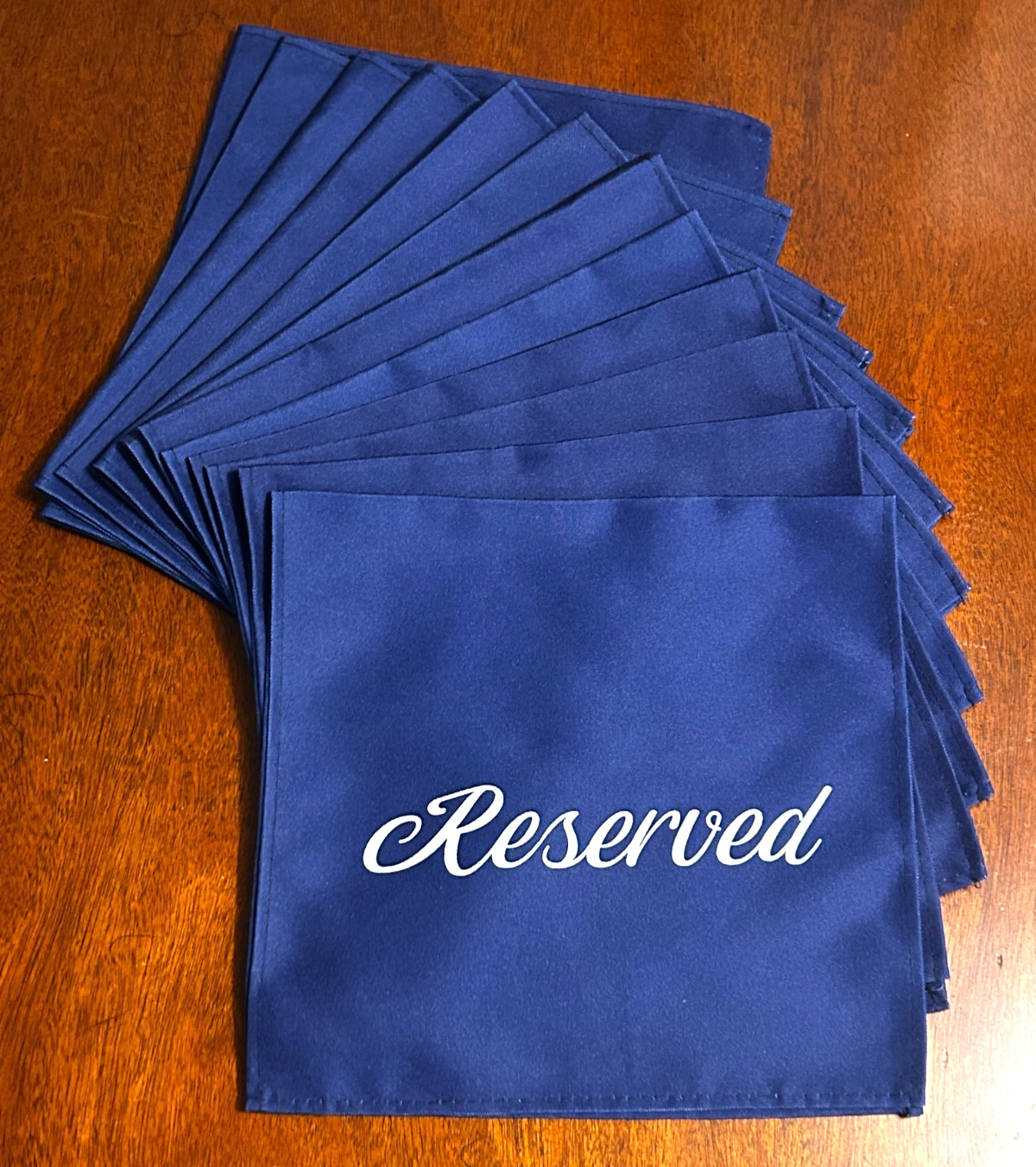 NEW SET OF 12 NAVY BLUE CLOTH 22″X11″ CHAIR/ CHURCH PEW “RESERVED” BANNERS/SIGNS
