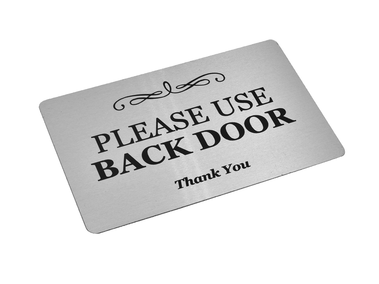 Please Use Back Door Sign Metal Aluminium Adhesive Notice Deliveries Silver