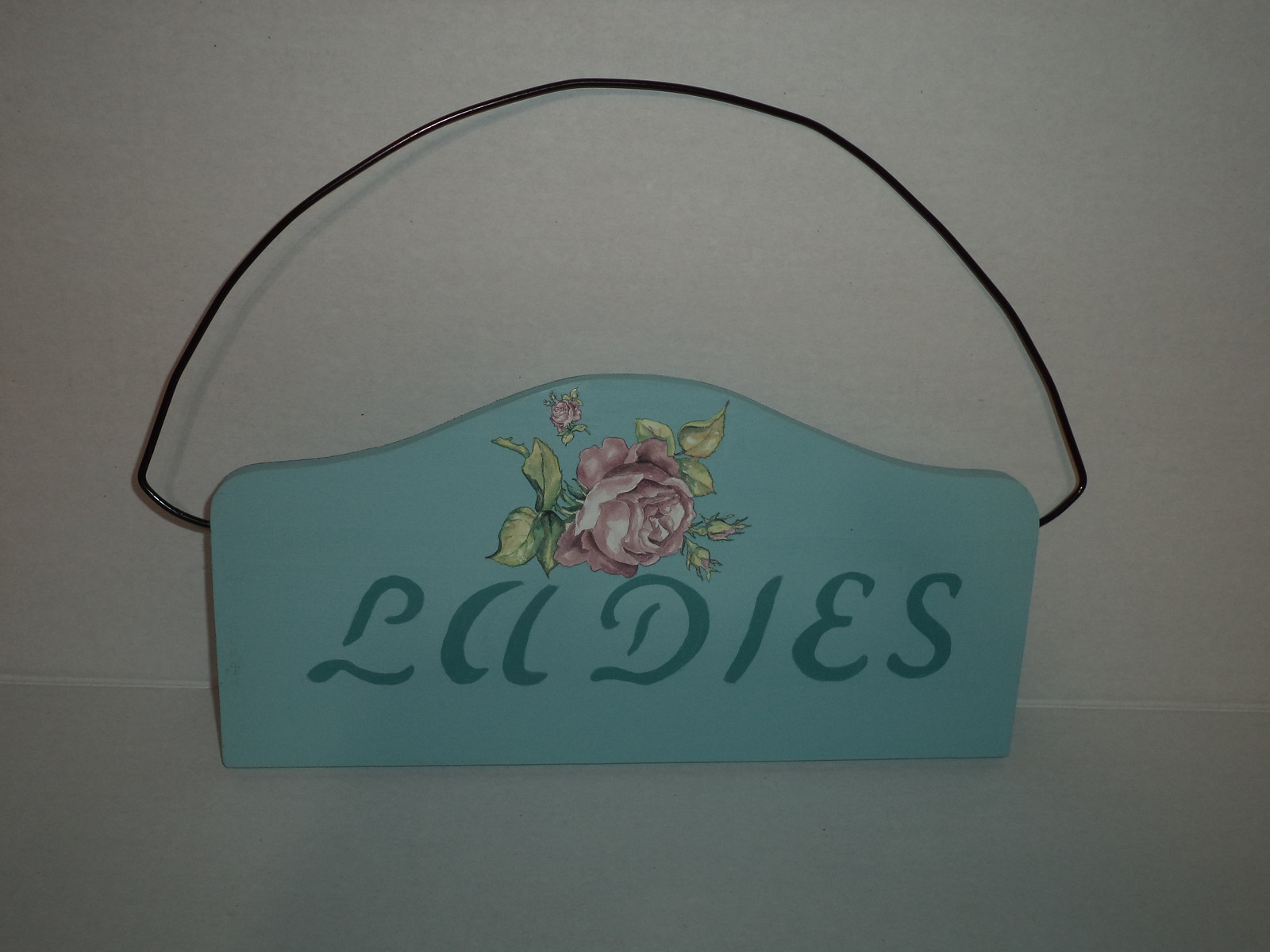Hand Made Wooden Ladies Plaque For Restroom With Rose Flower Design With Leaves