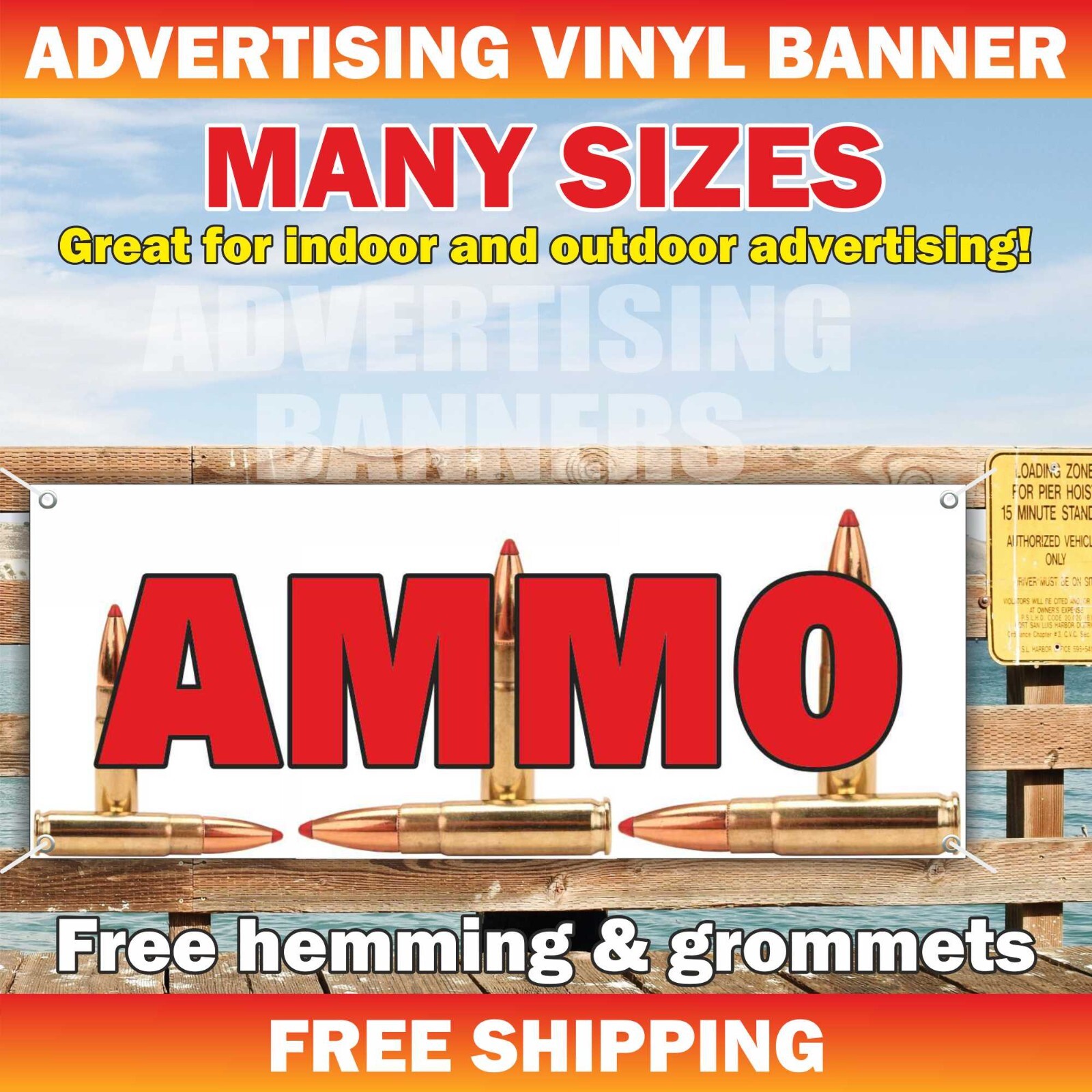 AMMO Advertising Banner Vinyl Mesh Sign Flag Many Sizes Guns Weapon Pawn Shop