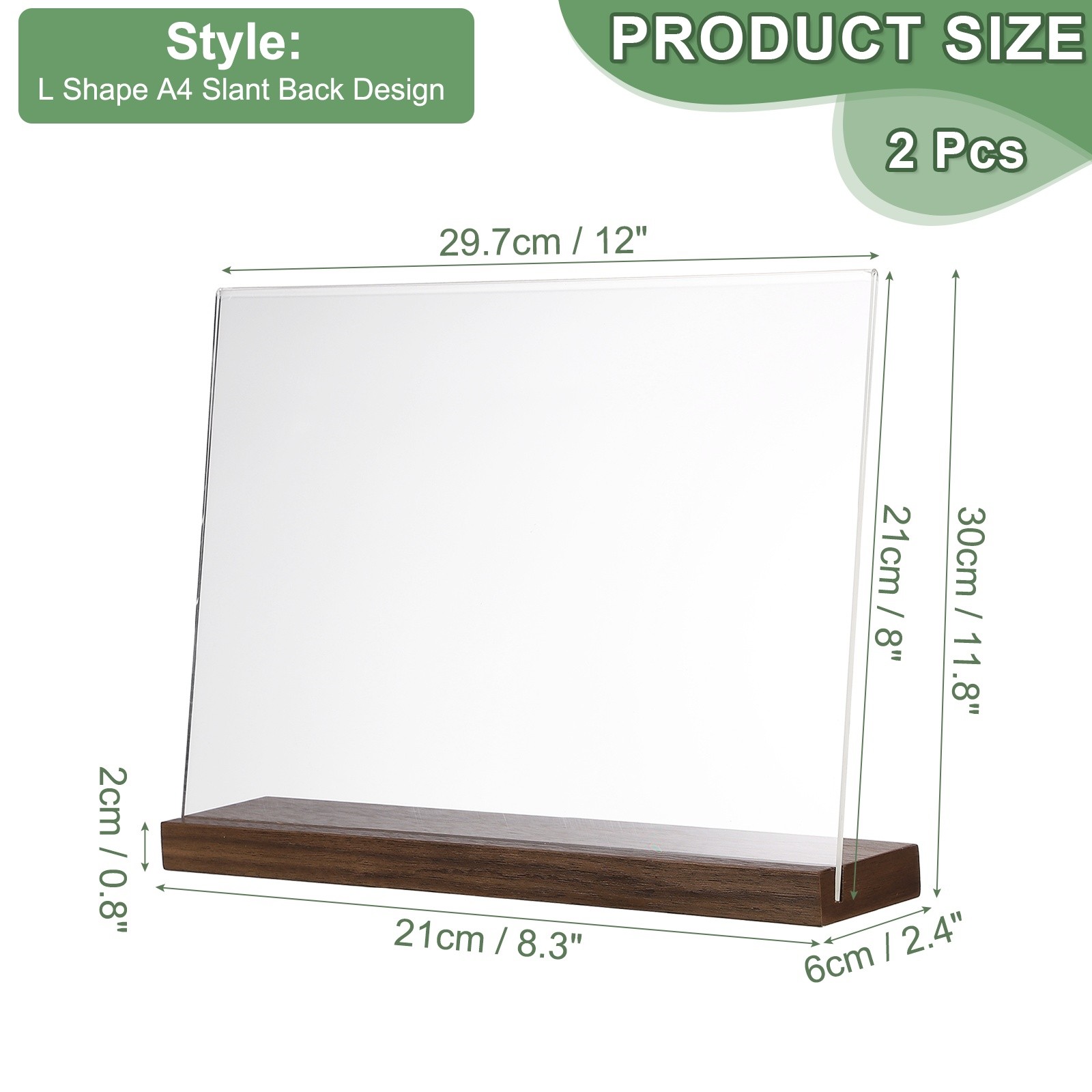 12″ x 8″ Acrylic Sign Holder Wood Base, 2Pcs L-Shape A4 Clear Holder Slant