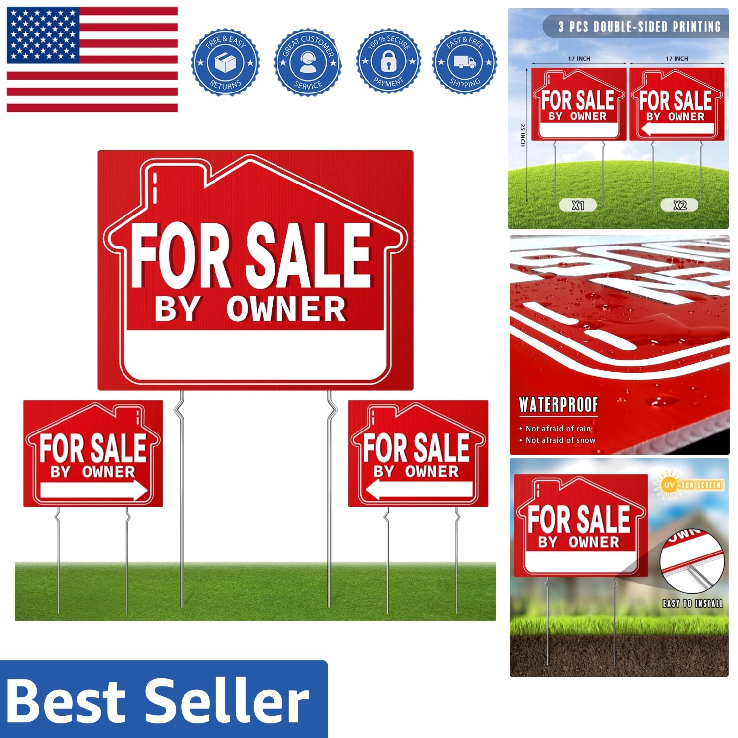 Durable For Sale By Owner Sign Set – 18″ x 14″ with Easy Install Metal Stakes