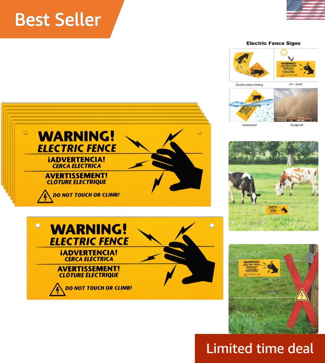 8 Pack Electric Fence Warning Signs 10X4 Yellow Black Durable Safety Signage