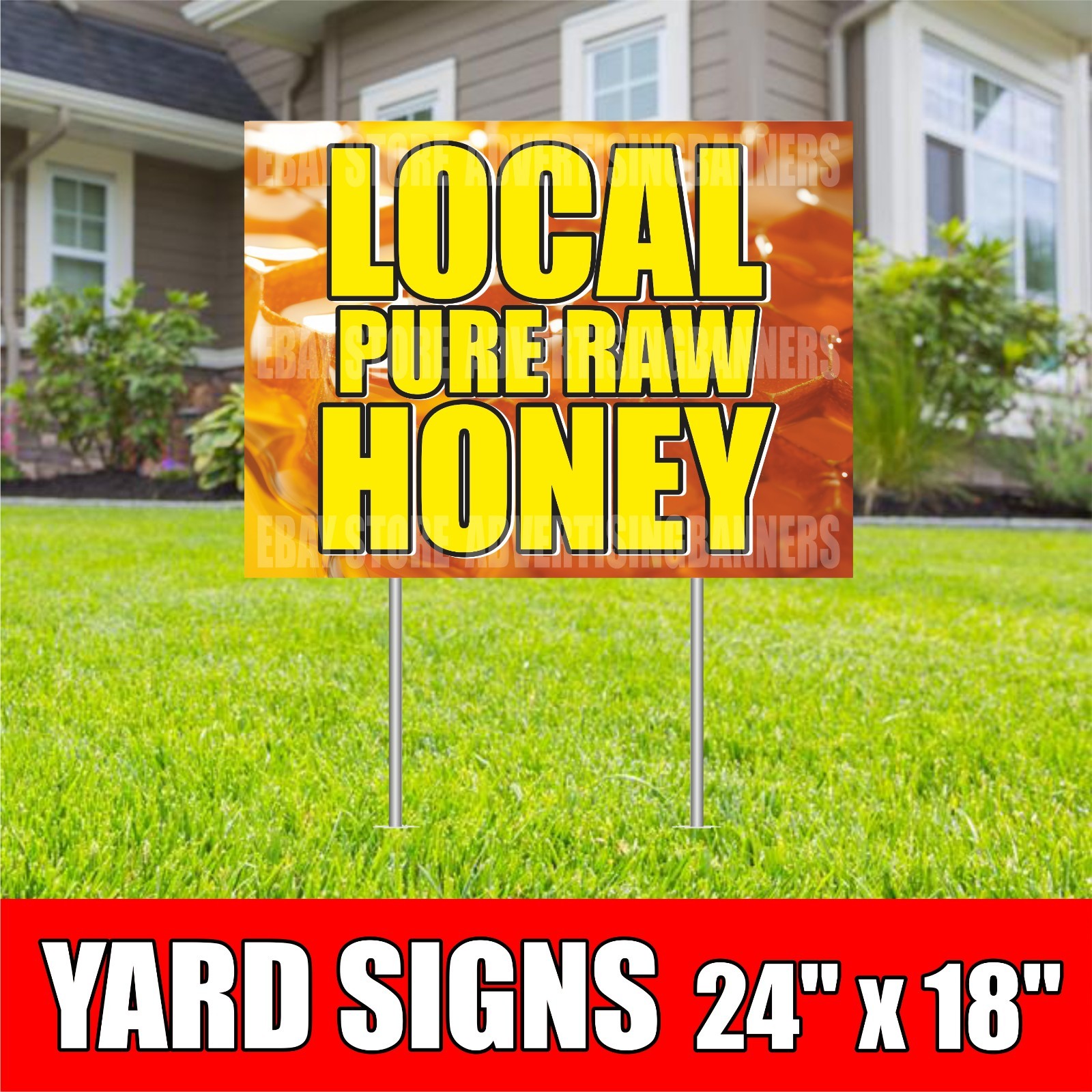 LOCAL PURE RAW HONEY Yard Sign with H-Stakes honeycomb bees homemade SOLD HERE