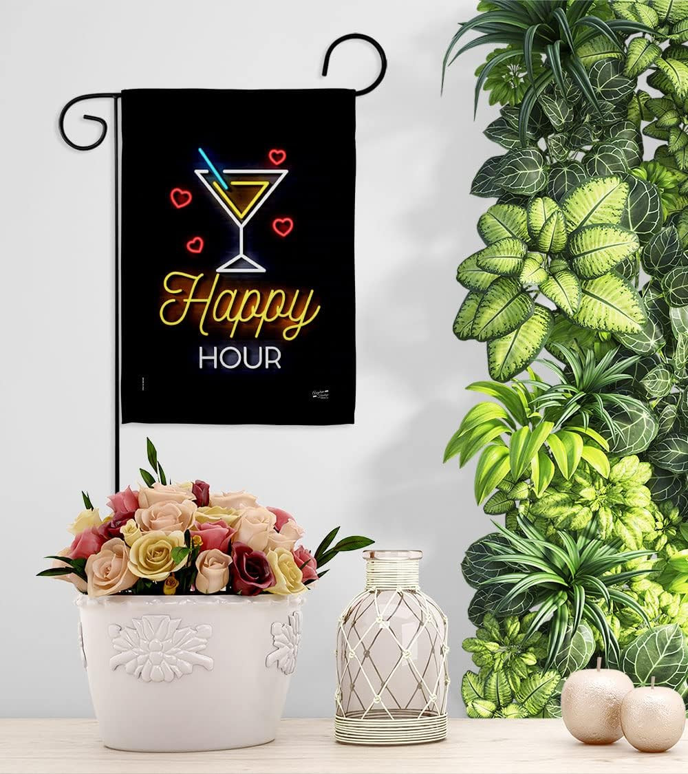 Neon Happy Hour Garden Flag – Beverages Party Drinks Celebrate Fun Summer Beach