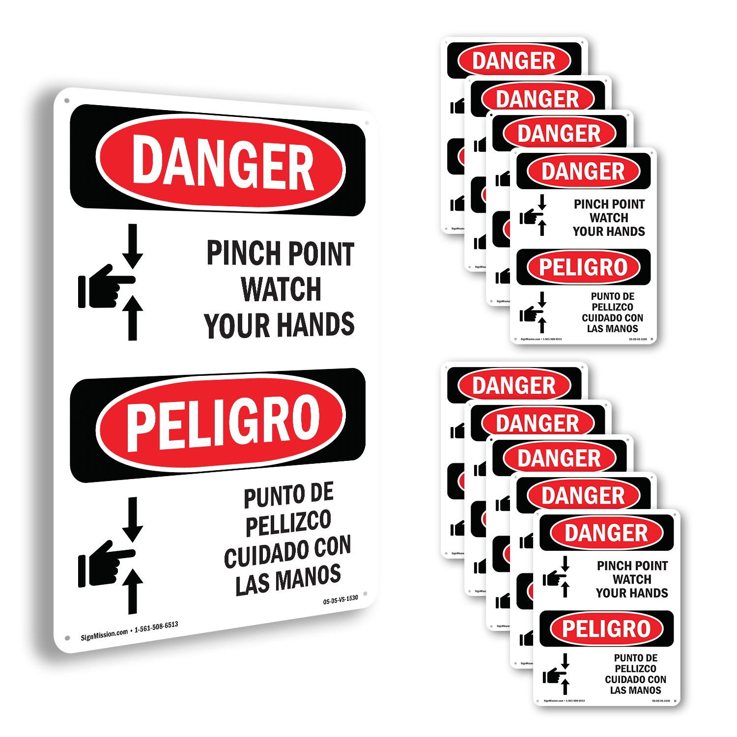 Pinch Point Watch Your Hands Bilingual OSHA Danger Sign Or Decal – 5 or 10 Pack