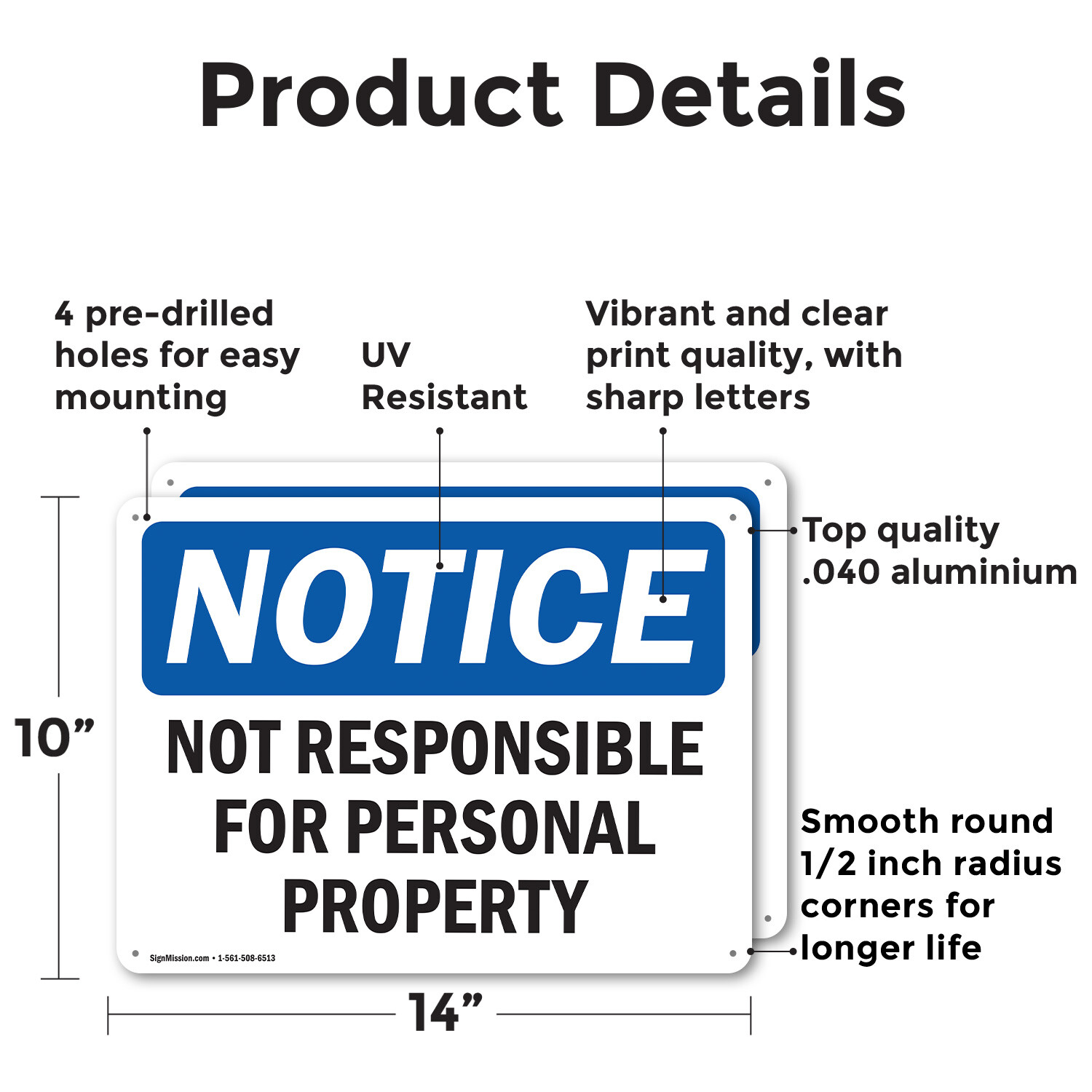 (2 Pack) Not Responsible For Personal Property OSHA Notice Sign Decal Metal