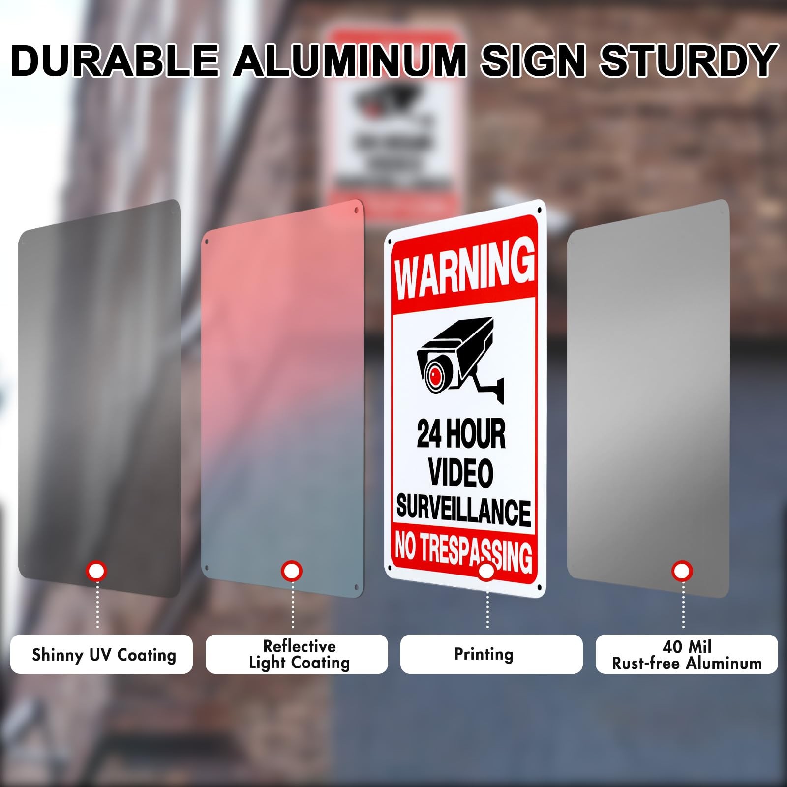 Reflective Warning Sign 24 Hour Video Surveillance Sign No Trespassing 4 Pack