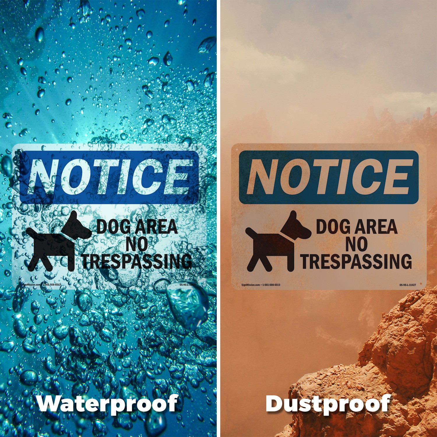 Dog Area No Trespassing OSHA Notice Sign Metal, Plastic, Or Decal – 5 or 10 Pack