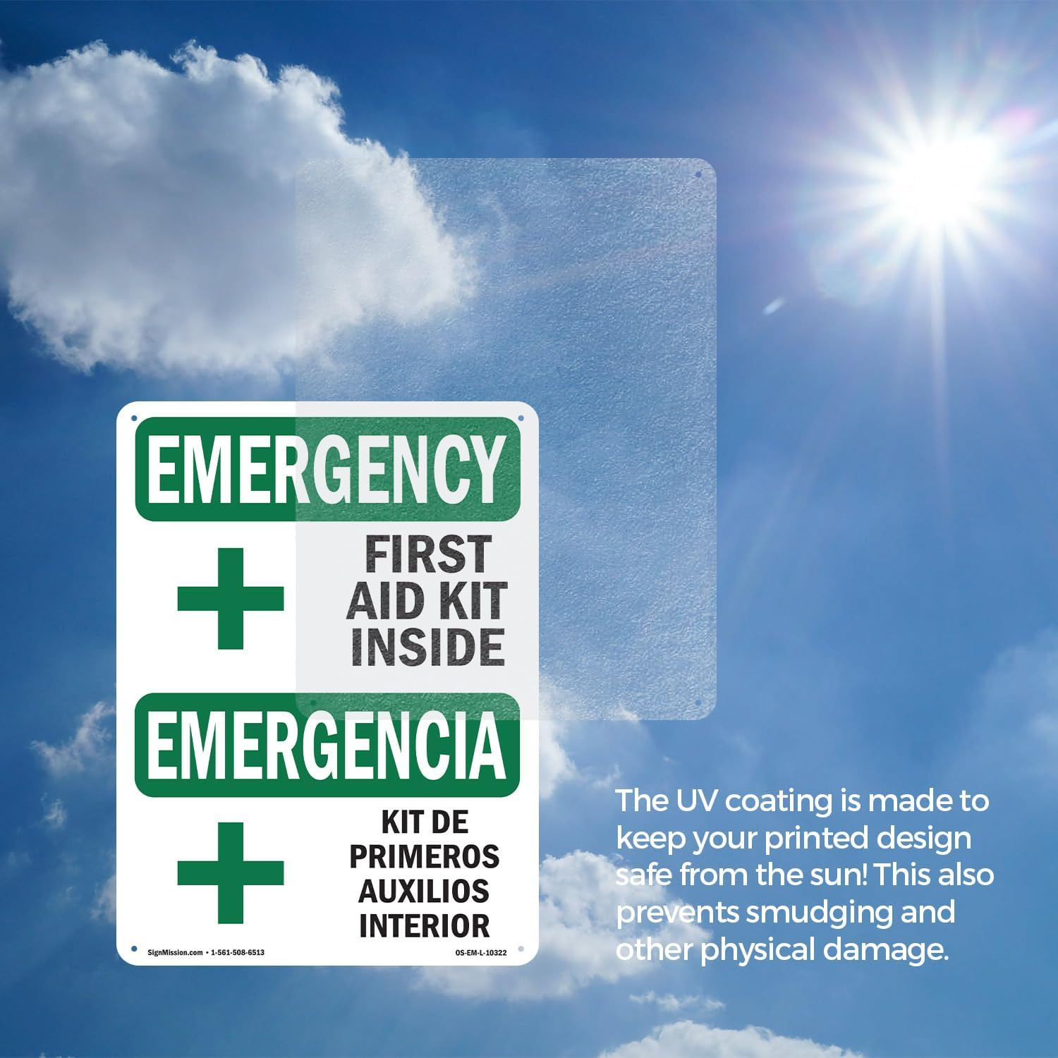 First Aid Kit inside Bilingual OSHA Emergency Rigid Plastic Sign 18 Inch X 12 In