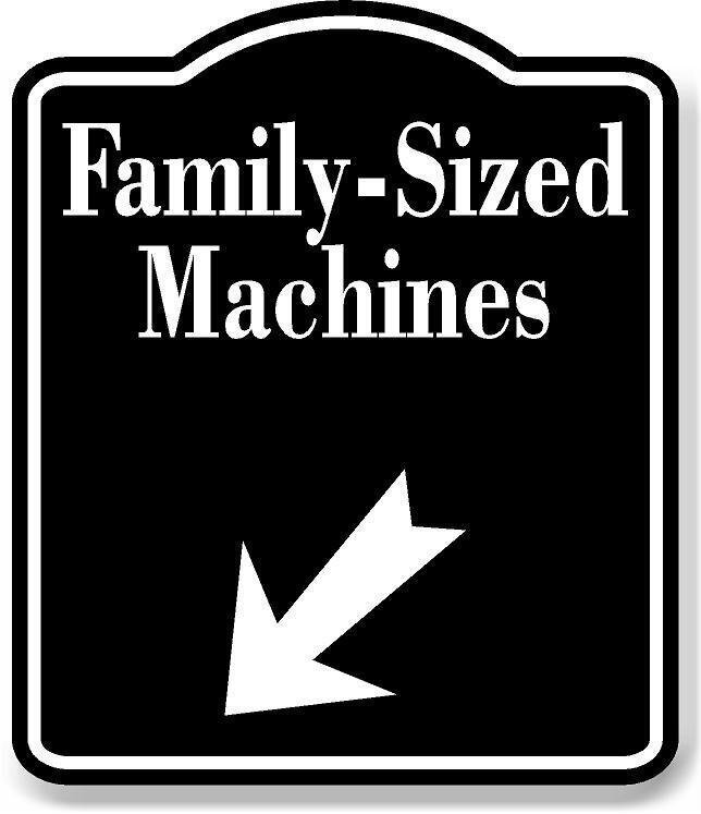 Family-Sized Machines 45 degree Down Left Arrow BLACK Aluminum Composite Sign