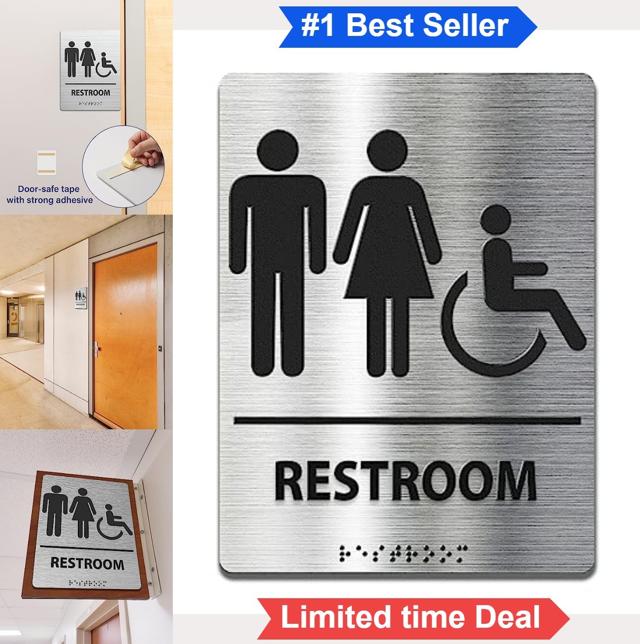 ADA Compliant Braille Bathroom Sign 6×8 Inch Silver Aluminum Business Restroom