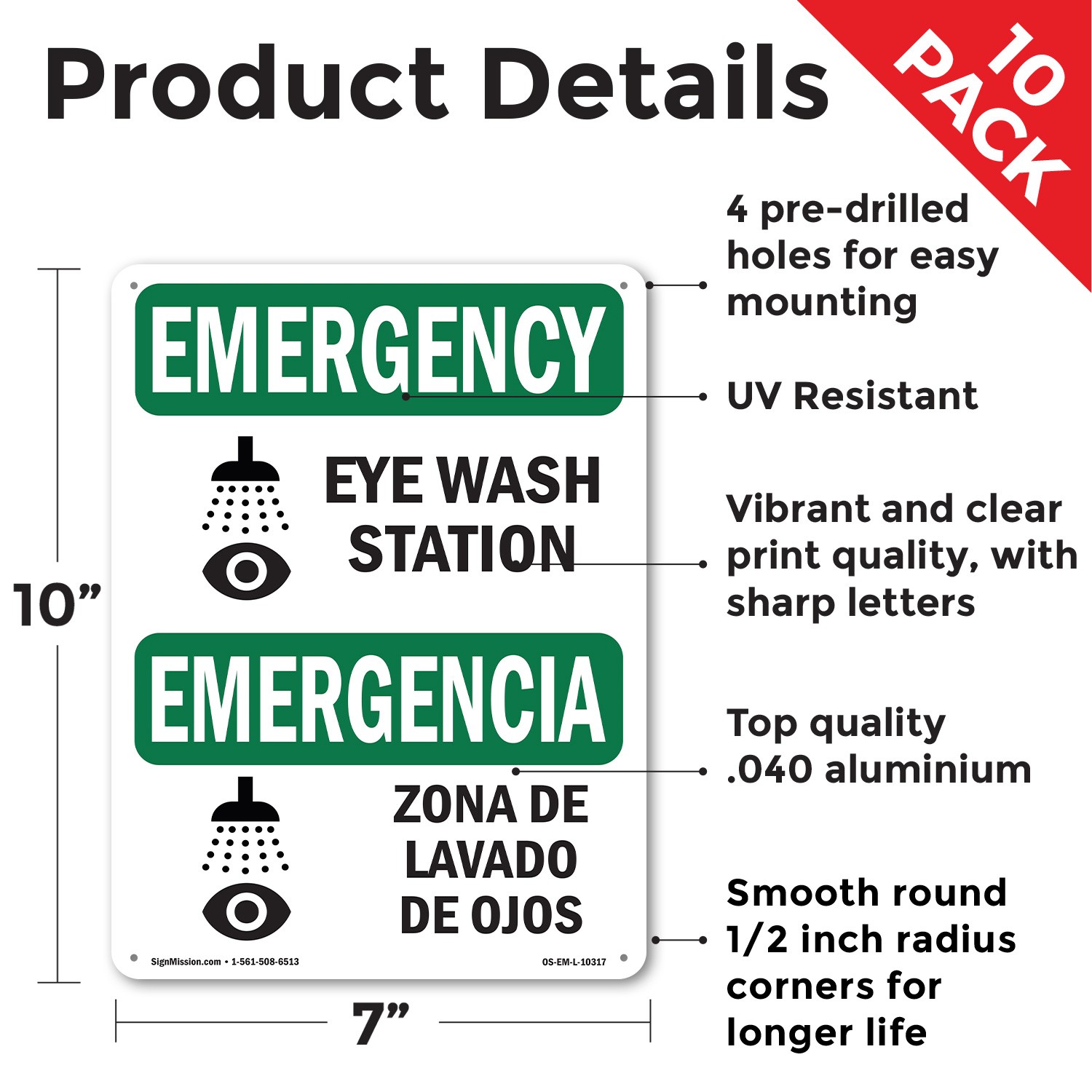Eye Wash Station Bilingual OSHA Emergency Sign Metal Plastic, Decal 5 or 10 Pack