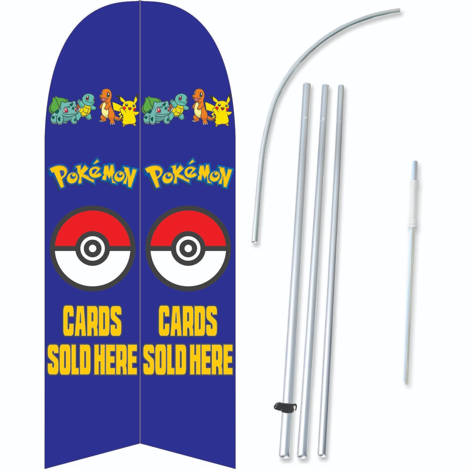 Pokemon Cards Sold Here Blue 11.5 ft Double Sided Windless Swooper Flag Set