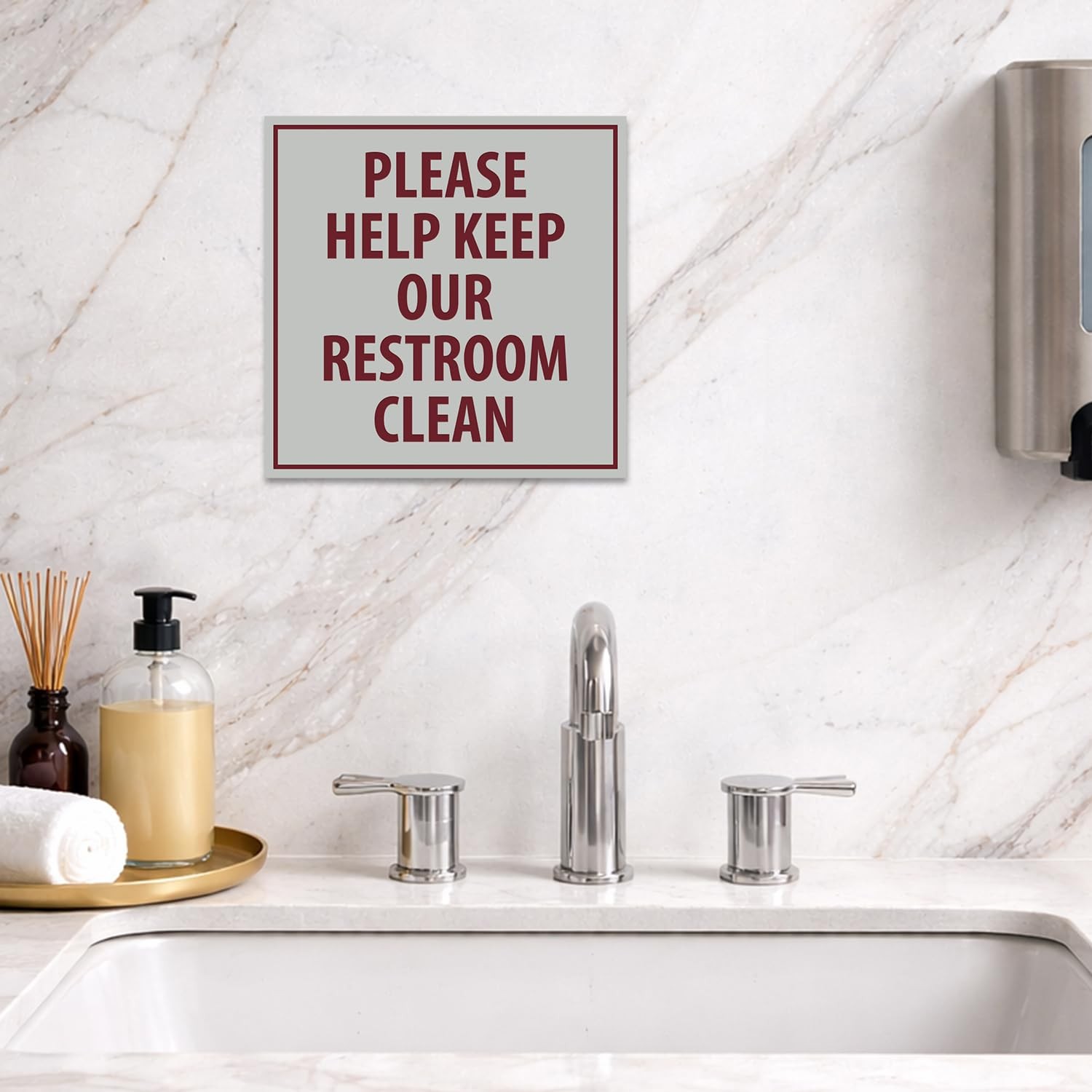 Square Please Help Keep Our Restroom Clean Sign Brushed Silver Medium Plaque