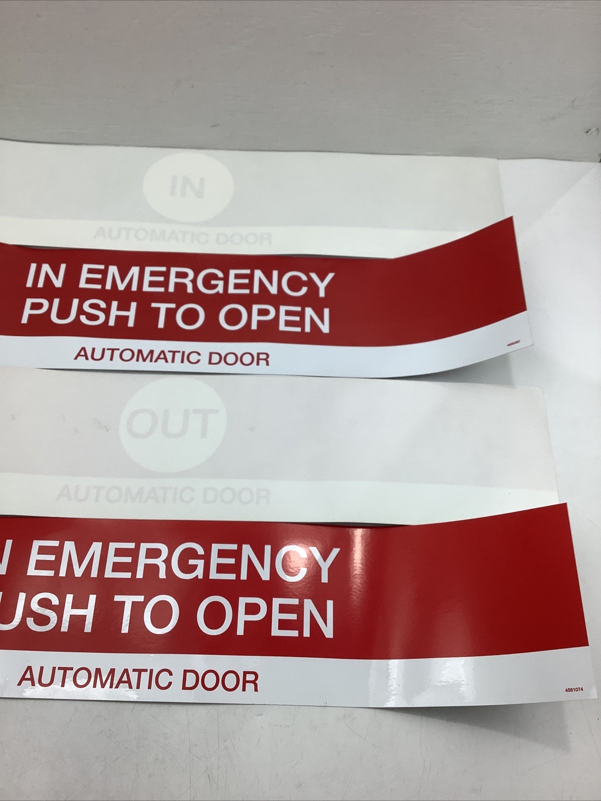 x13 In & Out Decals “IN EMERGENCY PUSH TO OPEN” AUTOMATIC DOOR 27″ x 5-5/8″